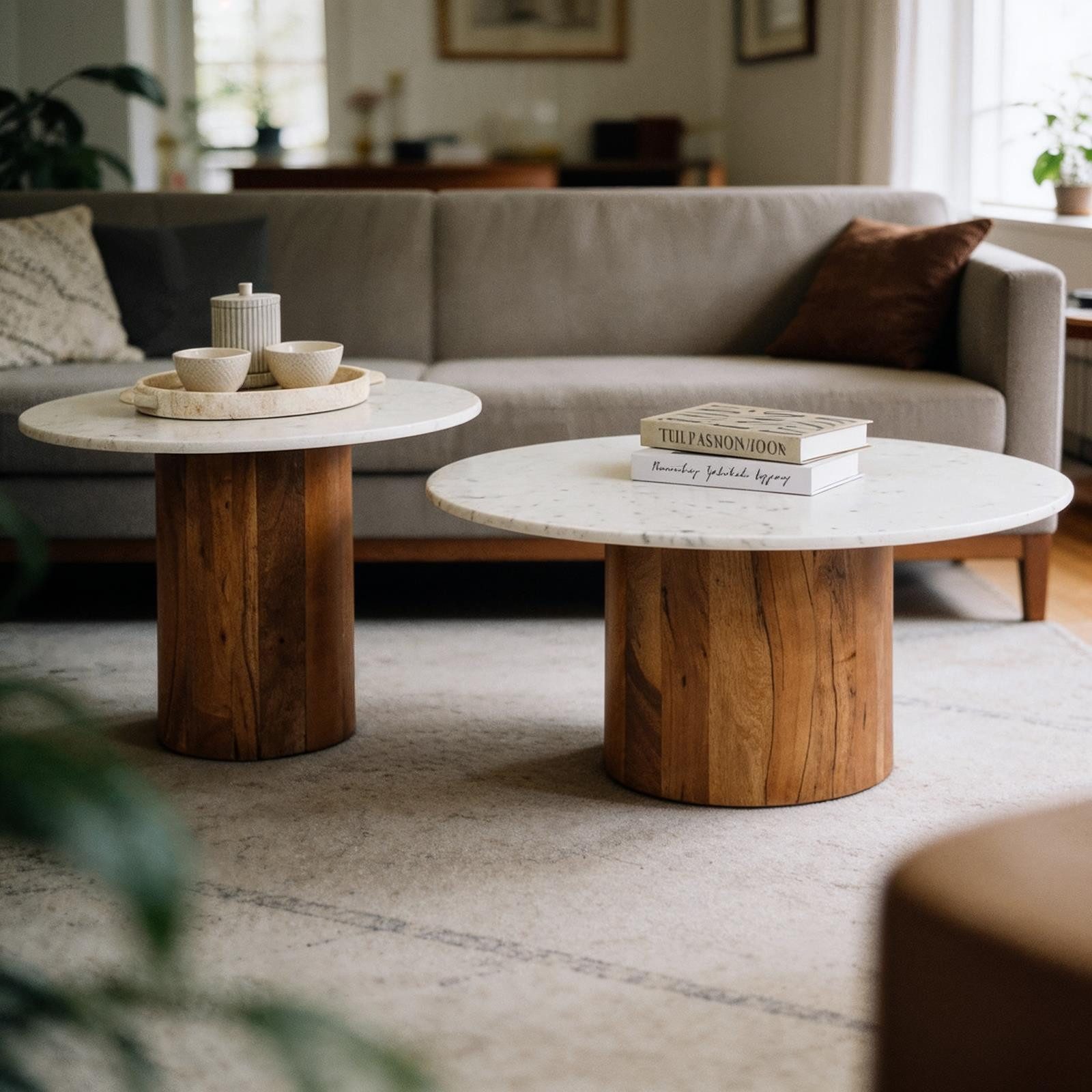 IDIMEX Couchtisch GANGA/YAMUNA, Wohnzimmertisch 80 cm mit Marmorplatte aus Akazienholz Weiß/Natur