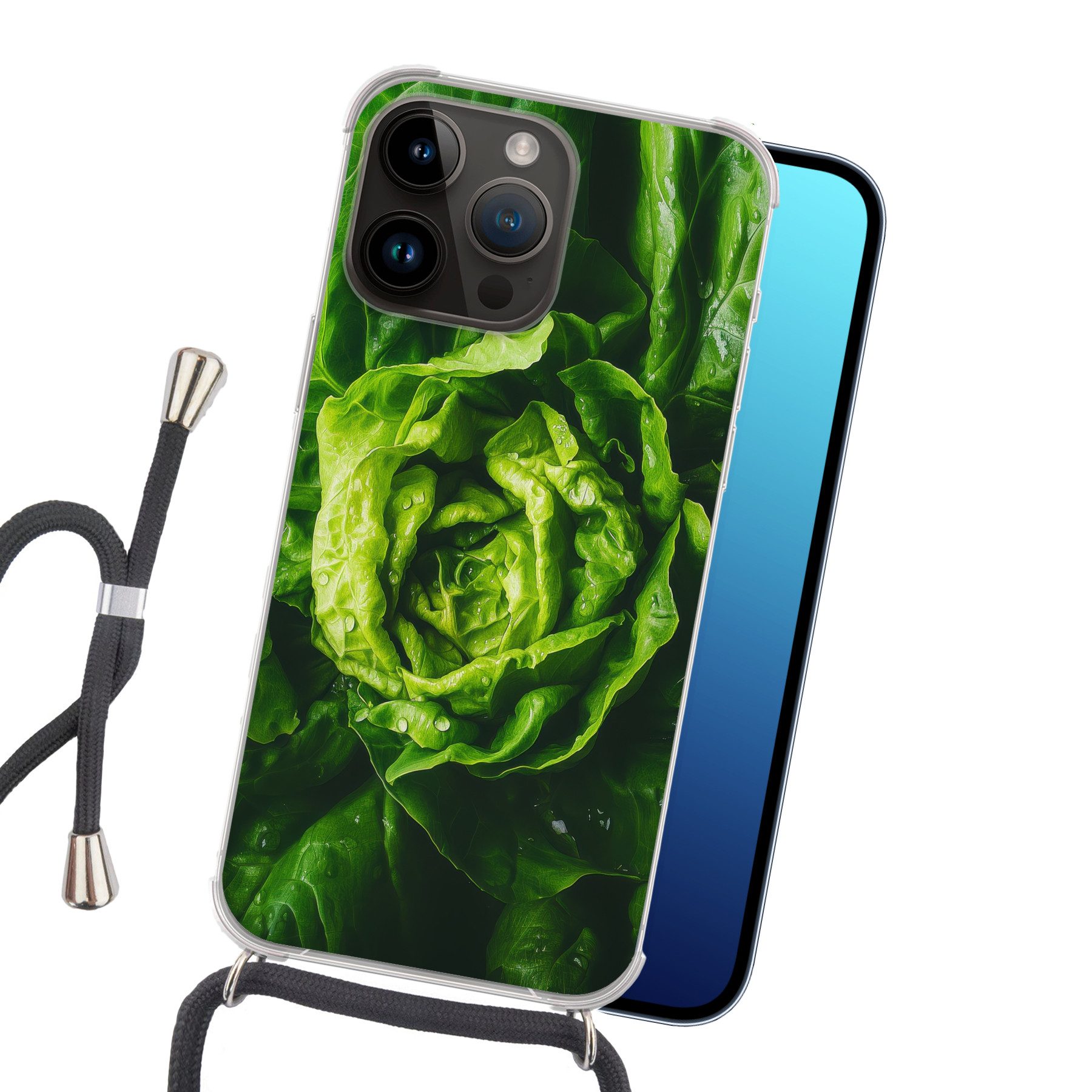 MuchoWow Handyhülle für Apple iPhone 14 Pro Gemüse - Kopfsalat - Grün, Tragbare Handyhüllen mit Kette zum umhängen, Handykette Handyband