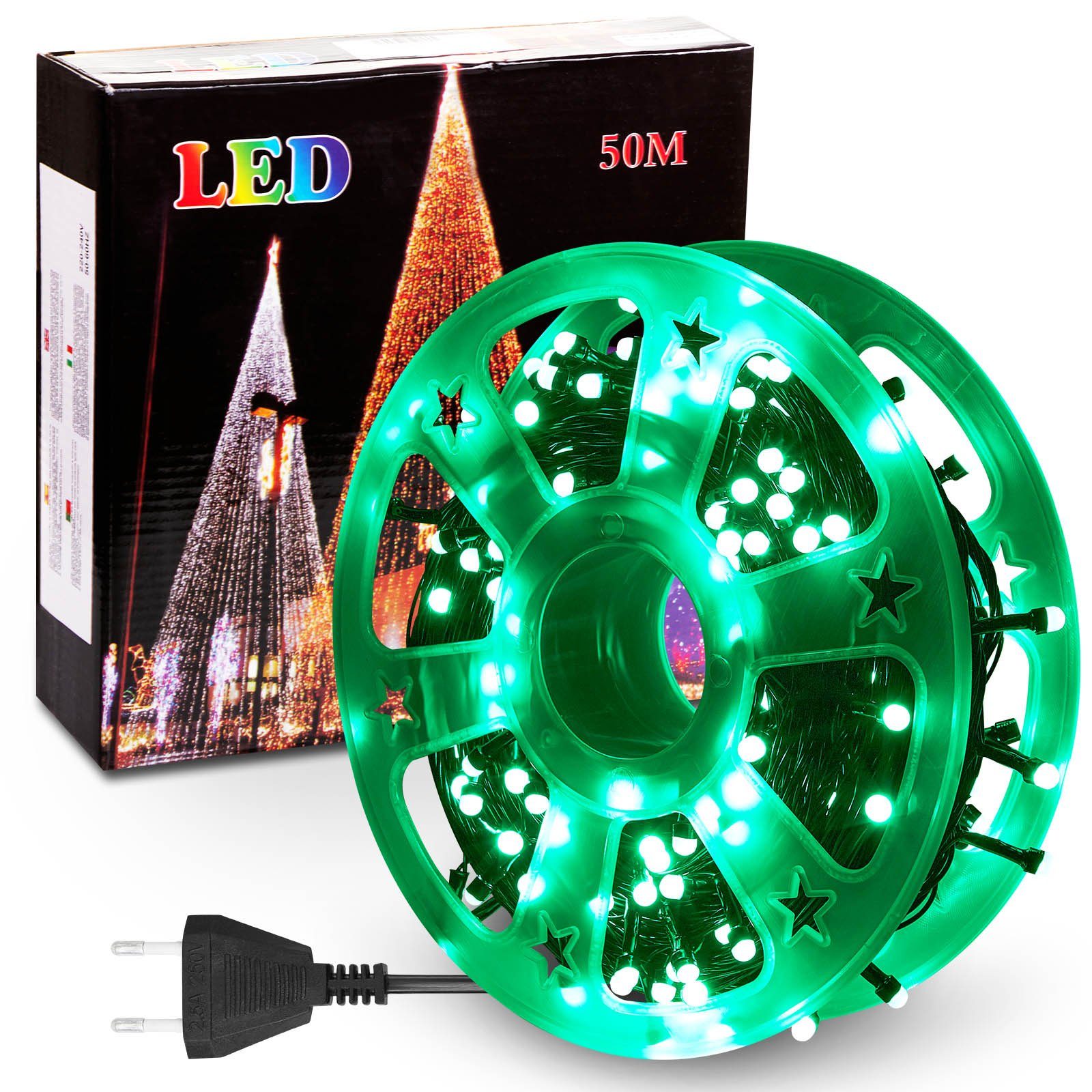 Rosnek LED-Lichterkette 50M, 240LEDs, 8 Modi, Speicherfunktion, für Weihnachtsbaum Garten Deko, wasserdicht, schwarzes Kabel, Spulenverpackung Grün