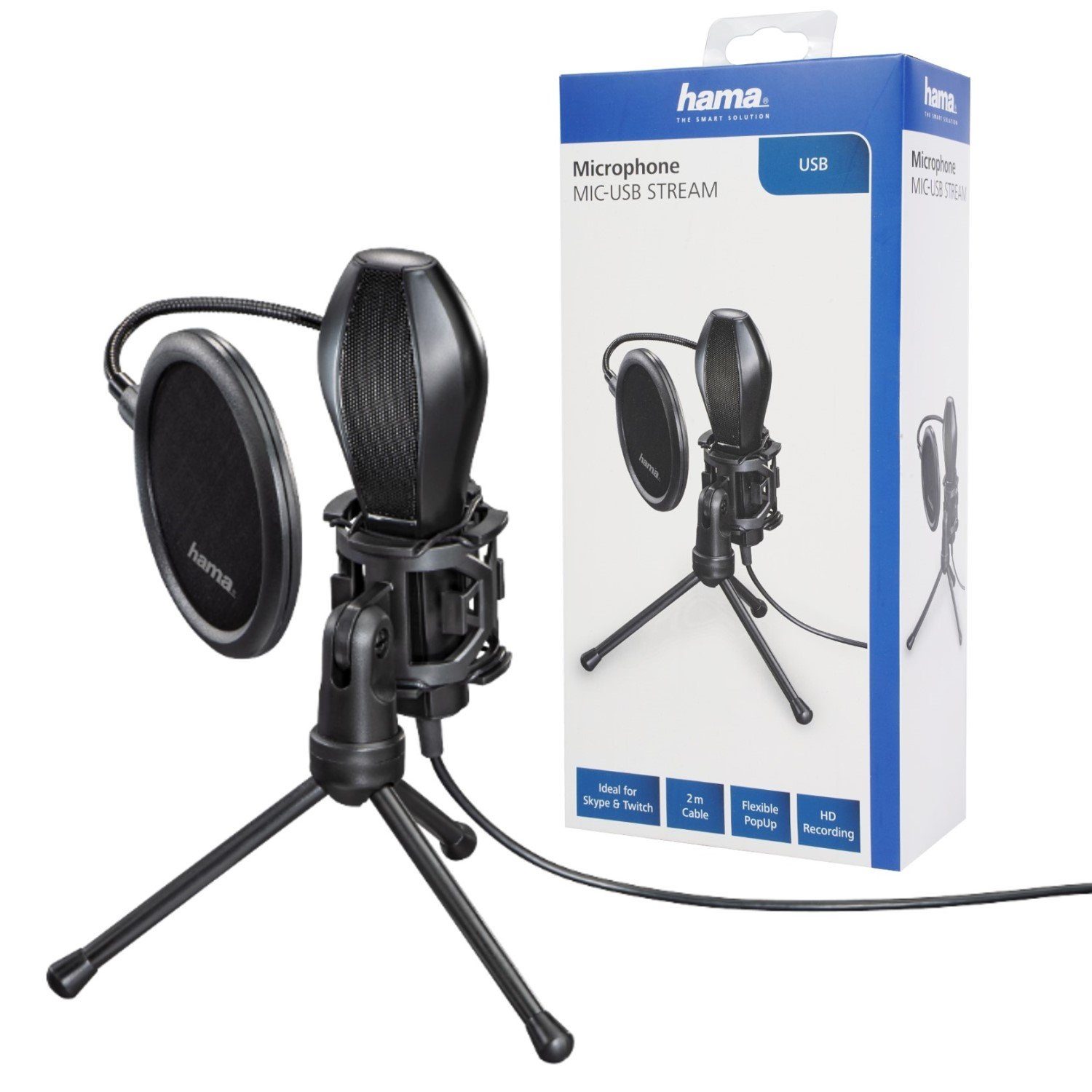 Hama Mikrofon MIC Stream USB Tisch-Mikrofon Hand-Mikrofon, USB Mikro mit komfortablem Stativ 2m Kabel für PC Notebook