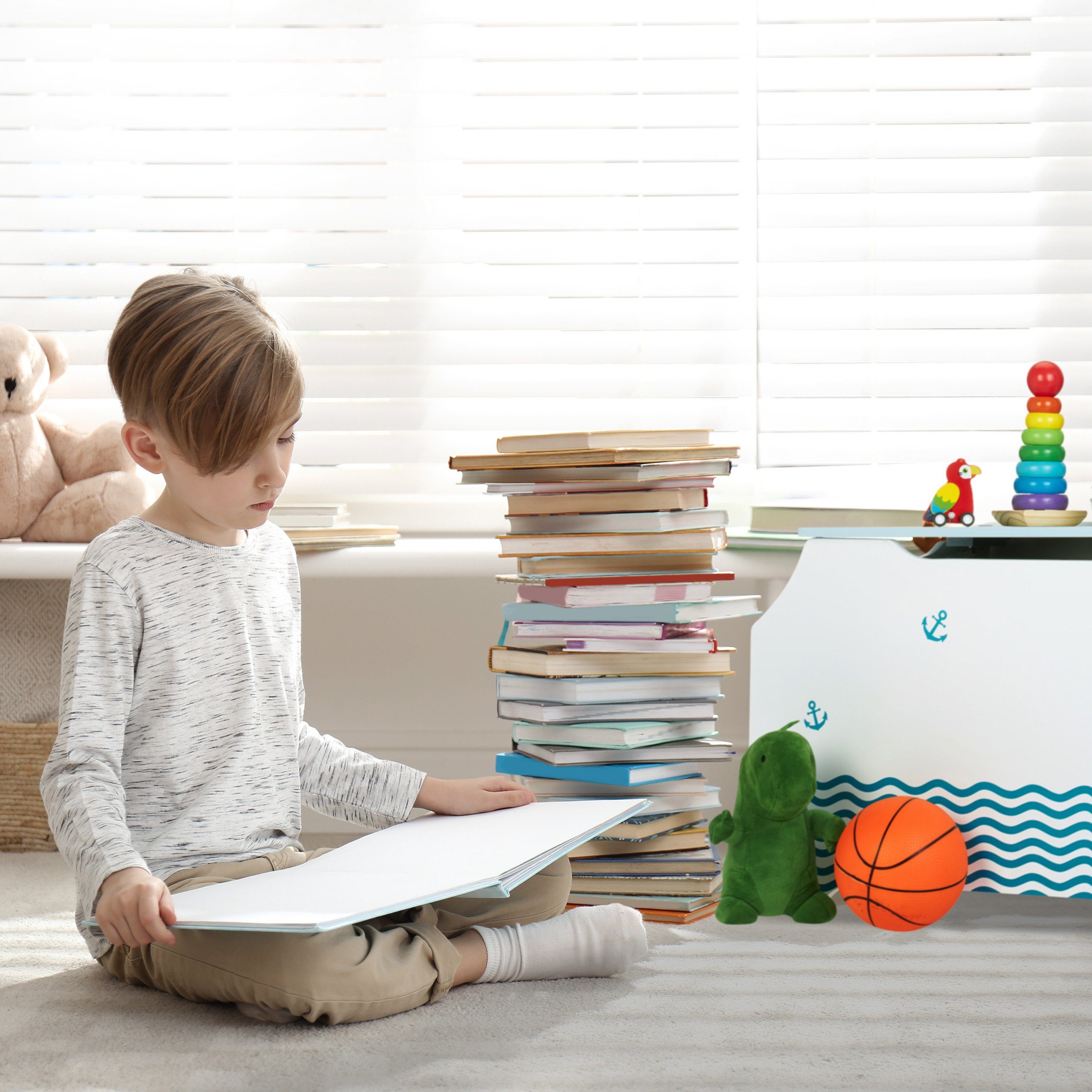 relaxdays Spielzeugtruhe mit Bücherfäch