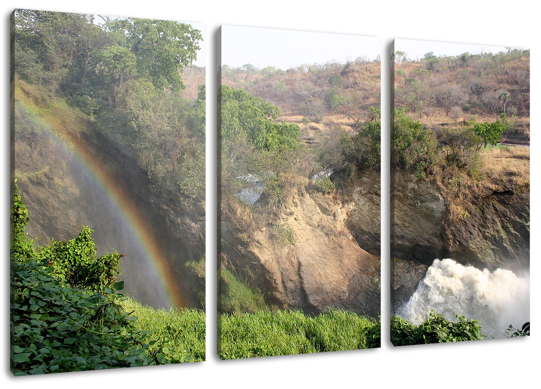 Wasserfall inkl. Regenbogen (120x80cm) 3Teiler Leinwandbild Leinwandbild bespannt, St), Pixxprint Regenbogen Wasserfall, (1 über über Zackenaufhänger fertig
