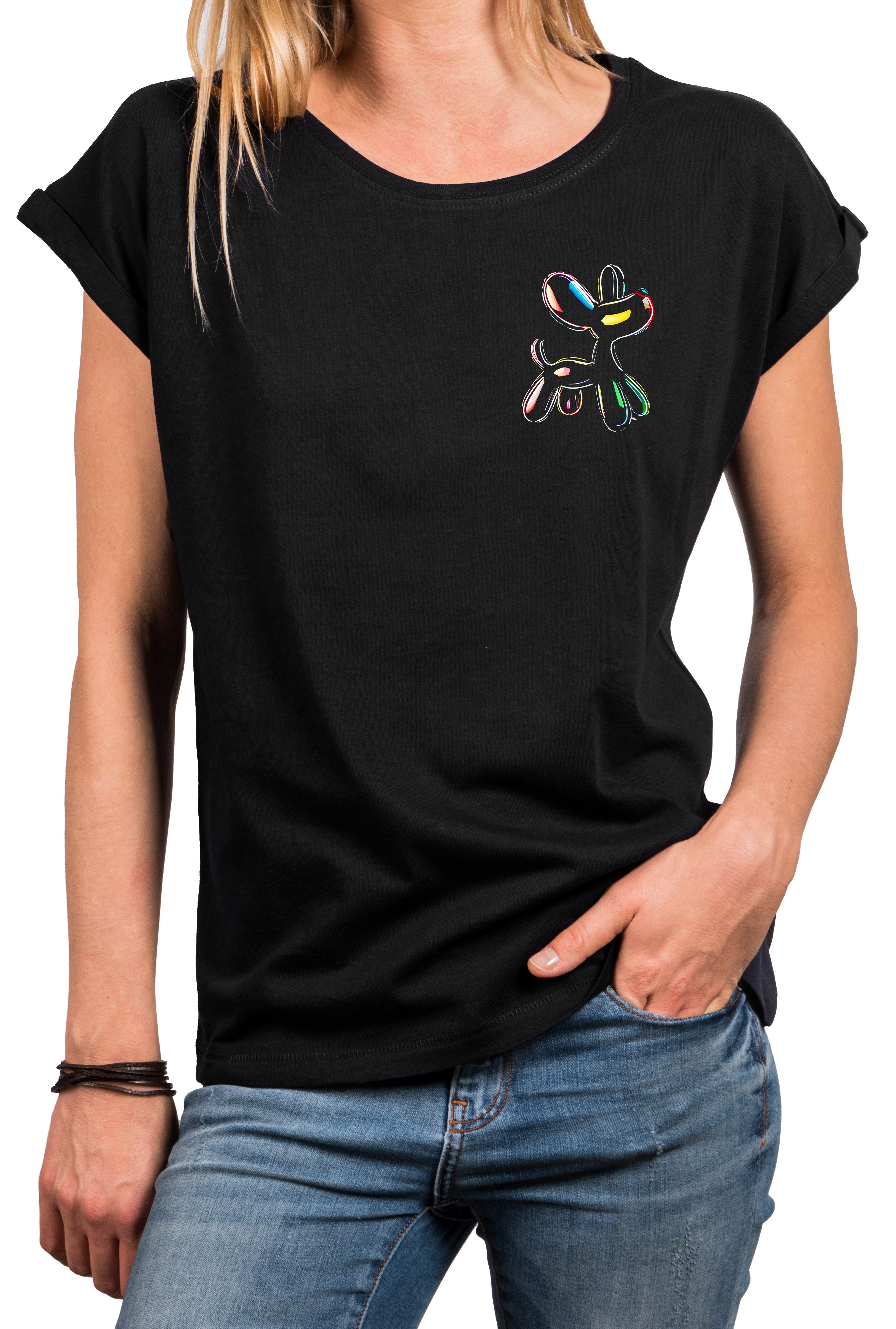MAKAYA T-Shirt Lustiges Damen Top mit Ballonhund im Pop-Art-Stil, kurzarm (Schwarz, Blau, Dunkelgrau, 34, 36, 38, 40, 42, 44, 46, 48, 50) Baumwolle