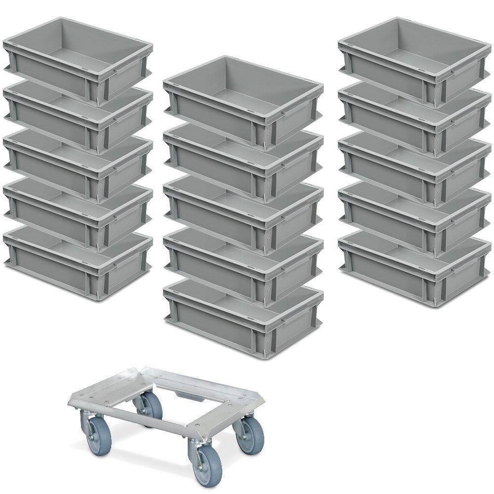 BRB-Lagertechnik Stapelbox 15er Spar-Set Euro-Behälter Plus Transportroller, 400x300x120 mm, 15 Eurobehältern 400x300x120 mm inkl. Transportroller