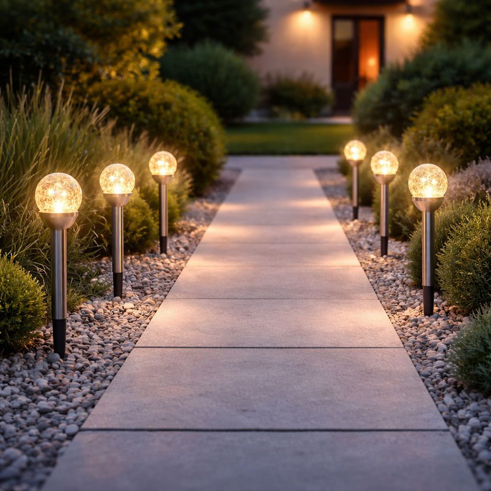 Expo Börse LED Solarleuchte, LED-Leuchtmittel fest verbaut, LED Solarleuchte Gartenlampe Erdspieß Glaskugel H 34,5 cm 6er Set