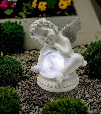 Arnusa Gartenfigur Solarleuchte Engel mit Glaskugel Figur beleuchtet 16x13 cm weiß, Gartendekoration Grableuchte Solarlampe