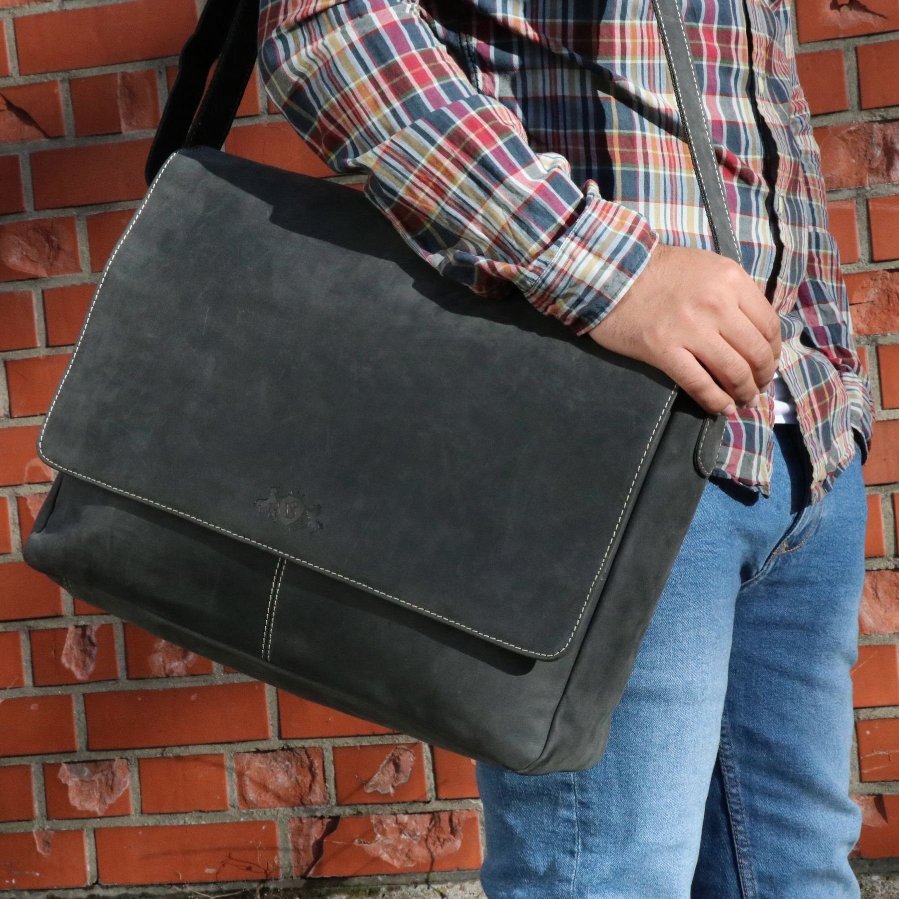 SID & VAIN Messenger Bag echt Leder Messenger 15 Zoll Laptop-Hülle schwarz, Laptoptasche 15 Zoll Echtleder, Businesstasche Damen Herren grau