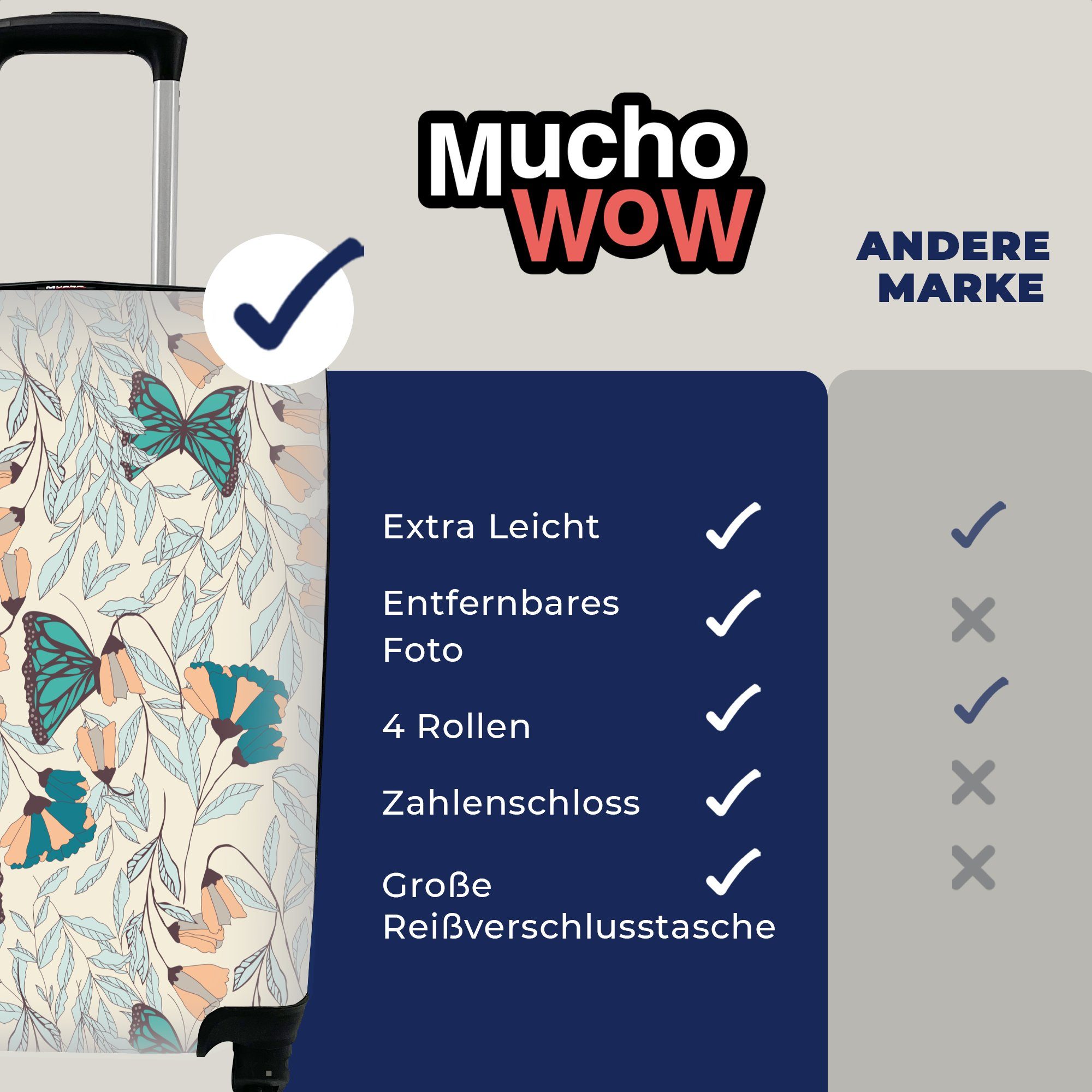 für - Reisekoffer rollen, - mit - 4 Ferien, Muster Schmetterling Reisetasche MuchoWow Blumen - Handgepäckkoffer - Handgepäck Kind, Mädchen Trolley, Kinder Rollen, Mädchen -