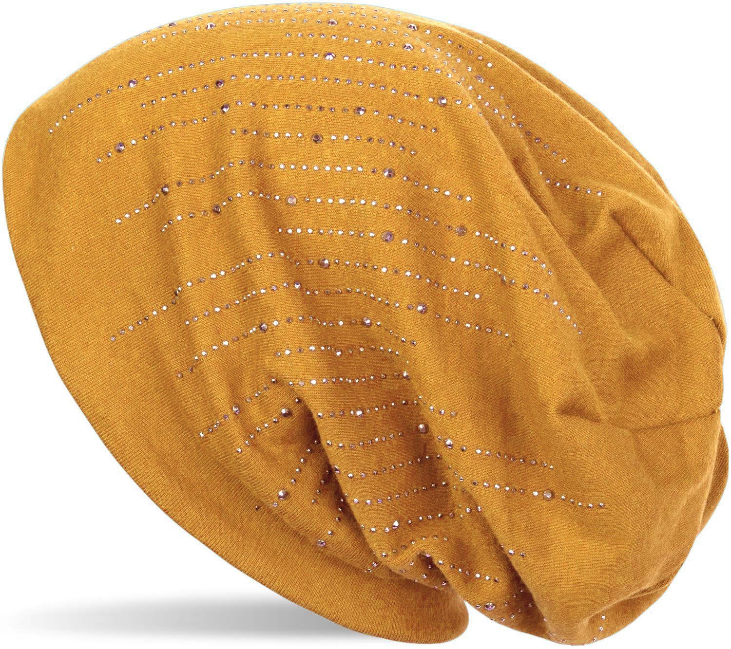 styleBREAKER Beanie (1-St) Beanie mit Strass Streifen Curry