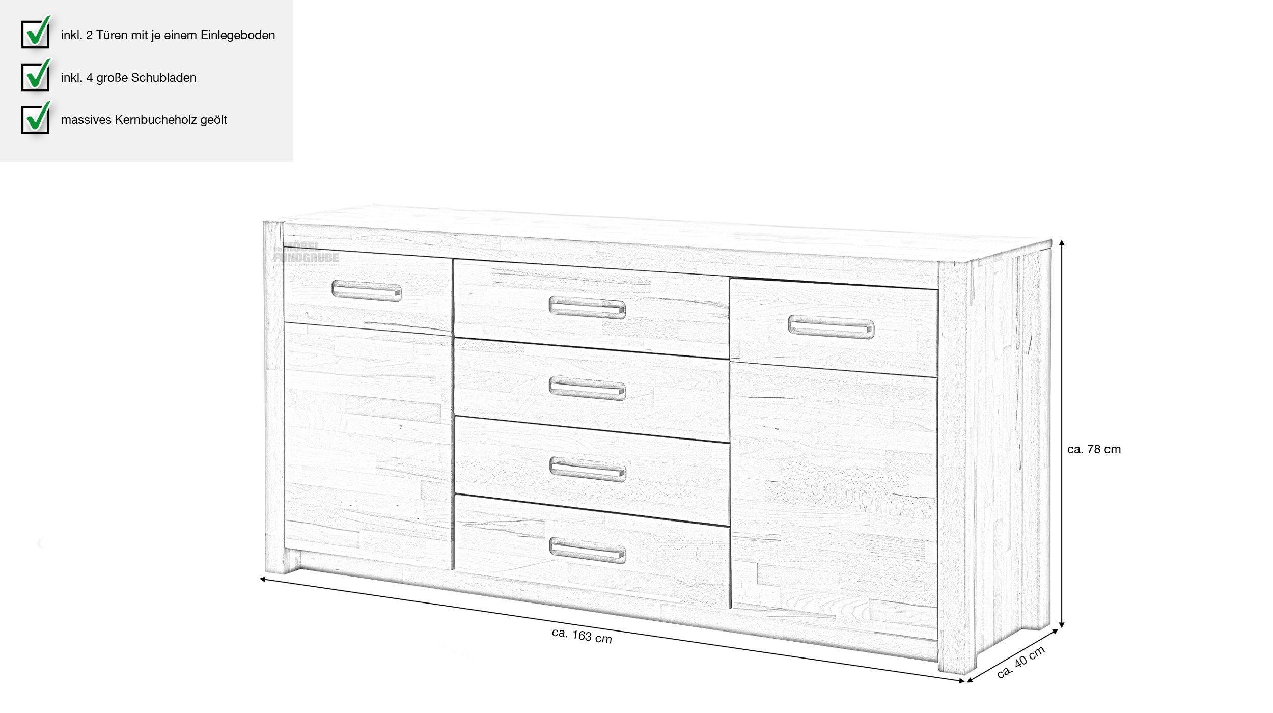 Massivart® Sideboard FENJA 163 cm / Massivholz Kernbuche geölt, 2 Türen / 4 günstig online kaufen
