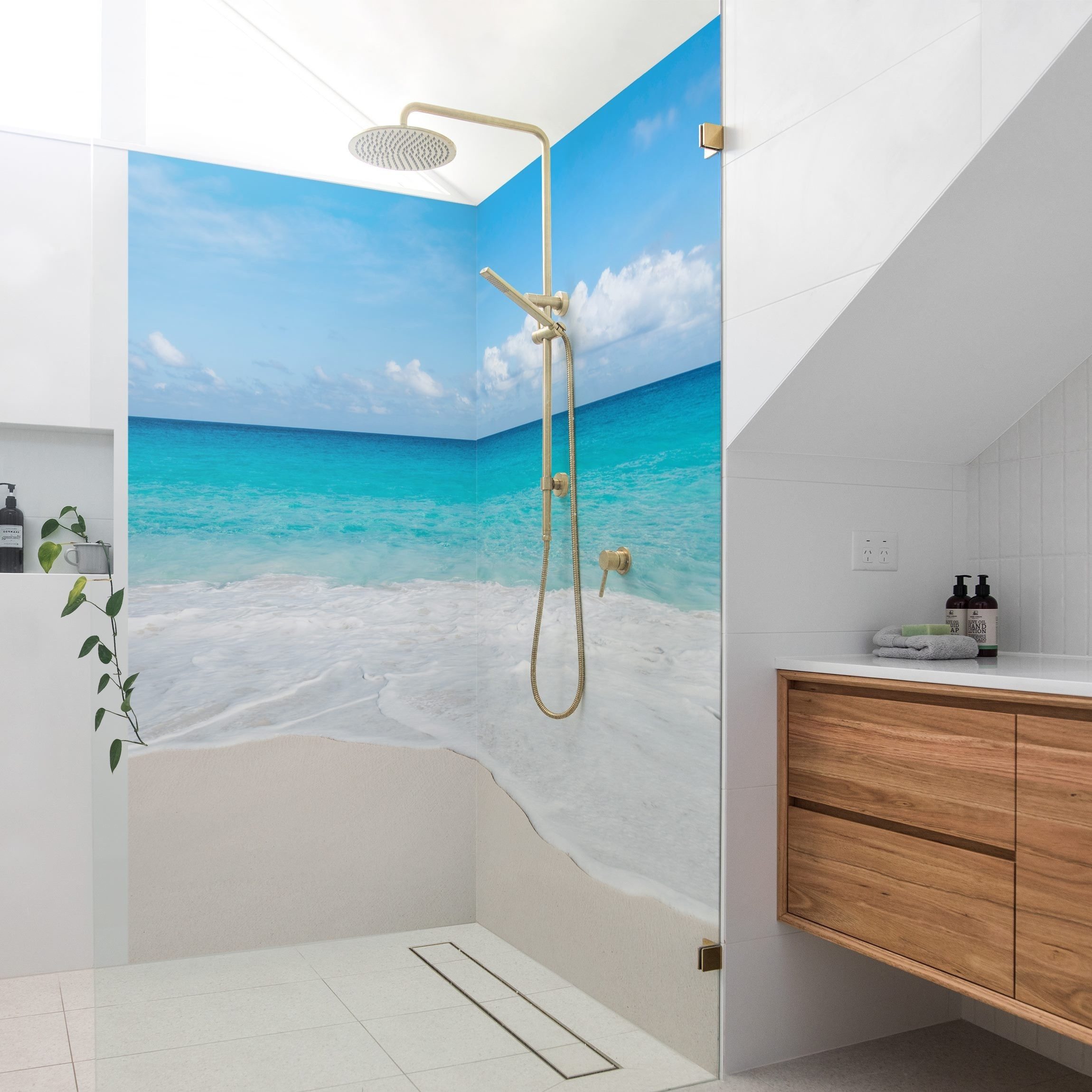 Bilderdepot24 Duschrückwand Strand türkis Duschrückwand ohne Bohren Tropisch Natur, (2-tlg., 0,61 mm starke Folie selbstklebend Wandpaneele Dusche versch. Größen), fugenlose & wasserfeste Motiv Rückwand Wandverkleidung für Duschkabine