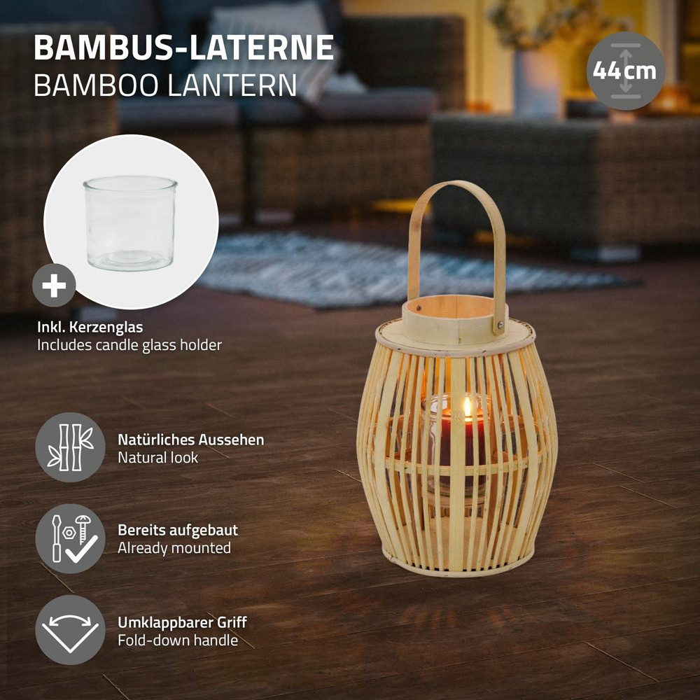 ECD Germany Kerzenlaterne Boho Bambus Laterne Windlicht Holzfarbe Gartenlaterne Kerzenhalter, Deko Laterne H:44 cm mit Henkel & Glaseinsatz für Terrasse Wohnzimmer