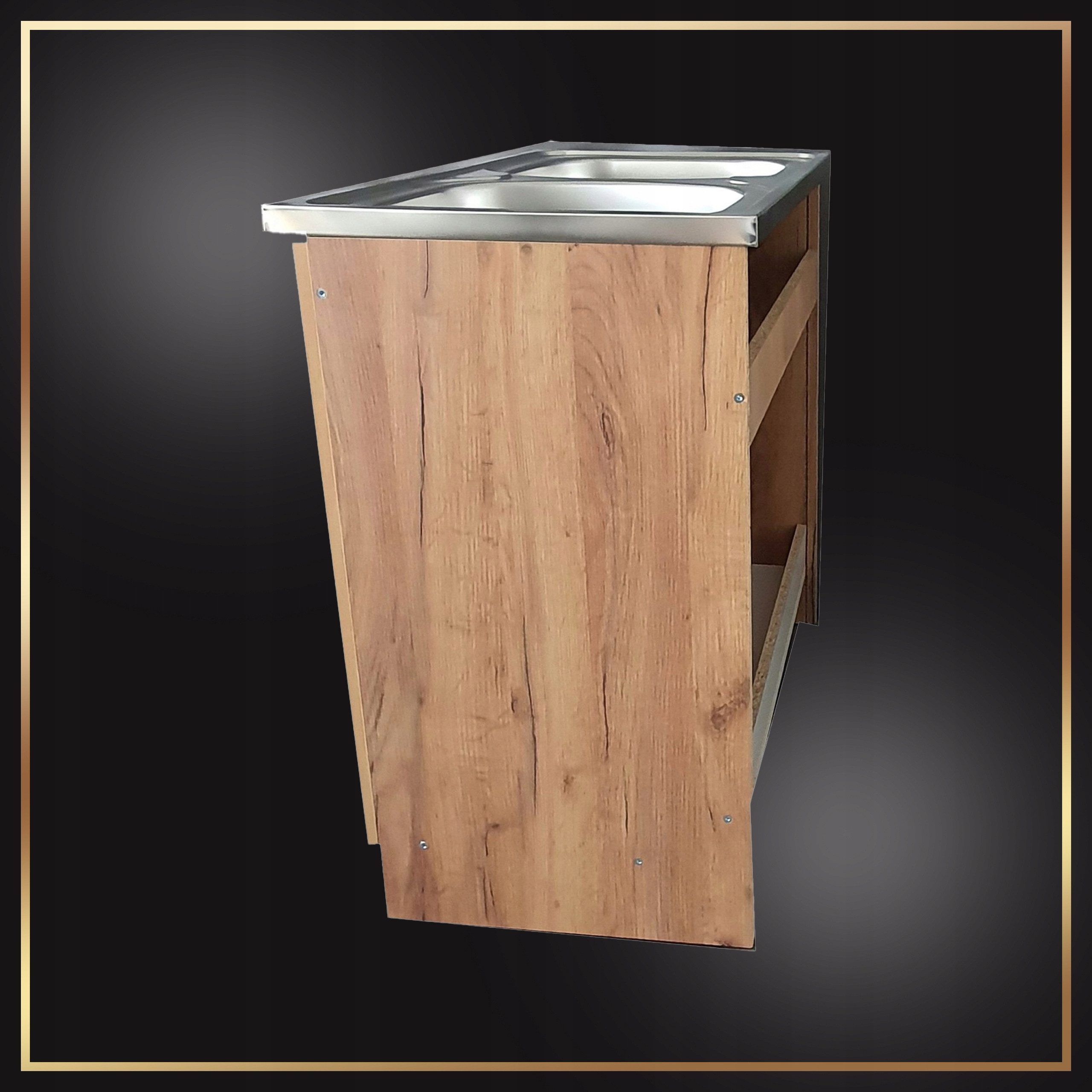 STAMAR Spülenschrank Küchenschrank 80cm Goldene Eiche Spüle 2 Kammer Dreharmatur Chrom XXL Standschrank 49cm Tiefe Edelstahl Doppelspüle Geschirrspüler Komplett – Bild 4 von 5