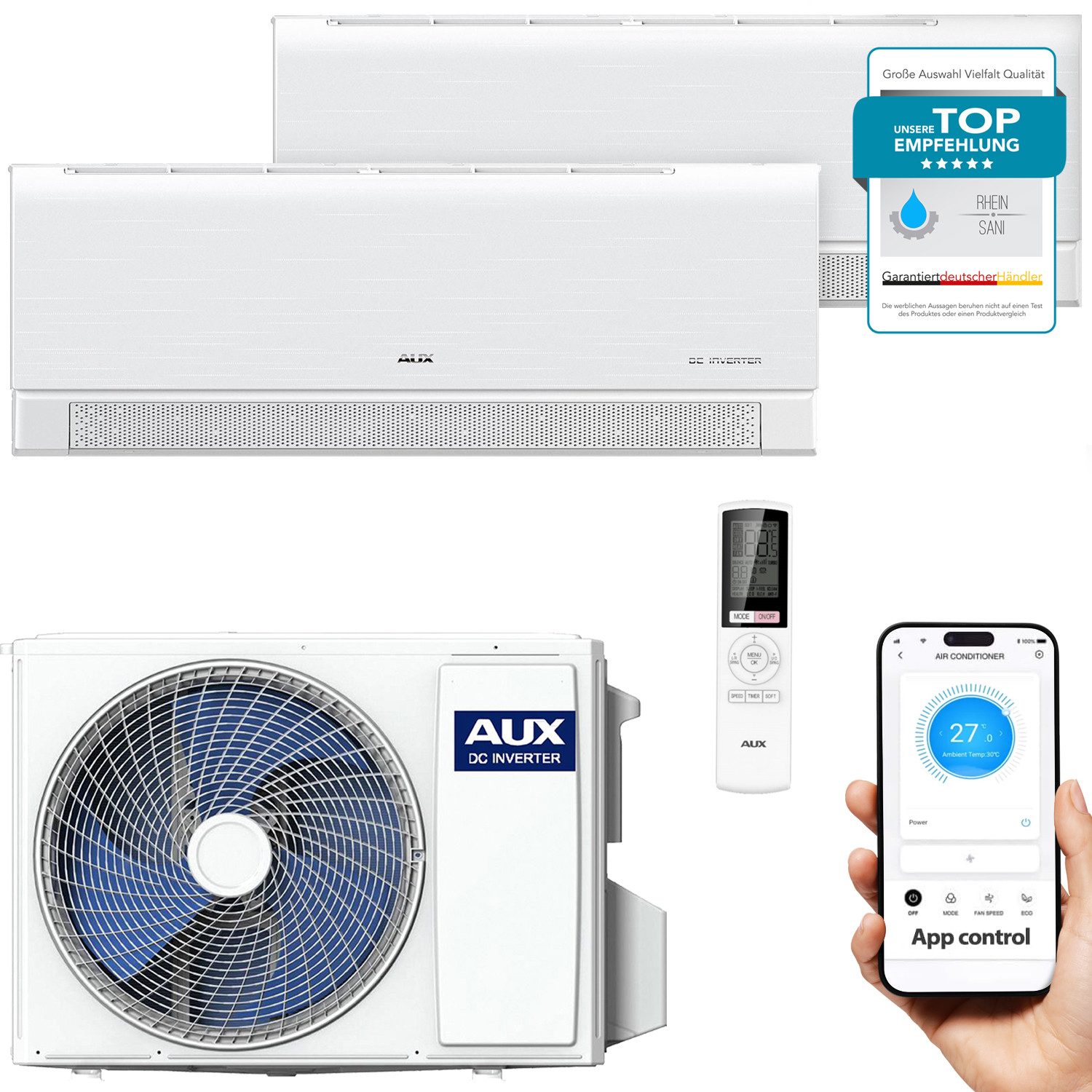 AUX Split-Klimagerät Set mit Außengerät und Innenwandgeräten, Klimaanlage mit App-Steuerung, R32 Kühlung & Heizung für Wohnräume, Büro & Gewerbe