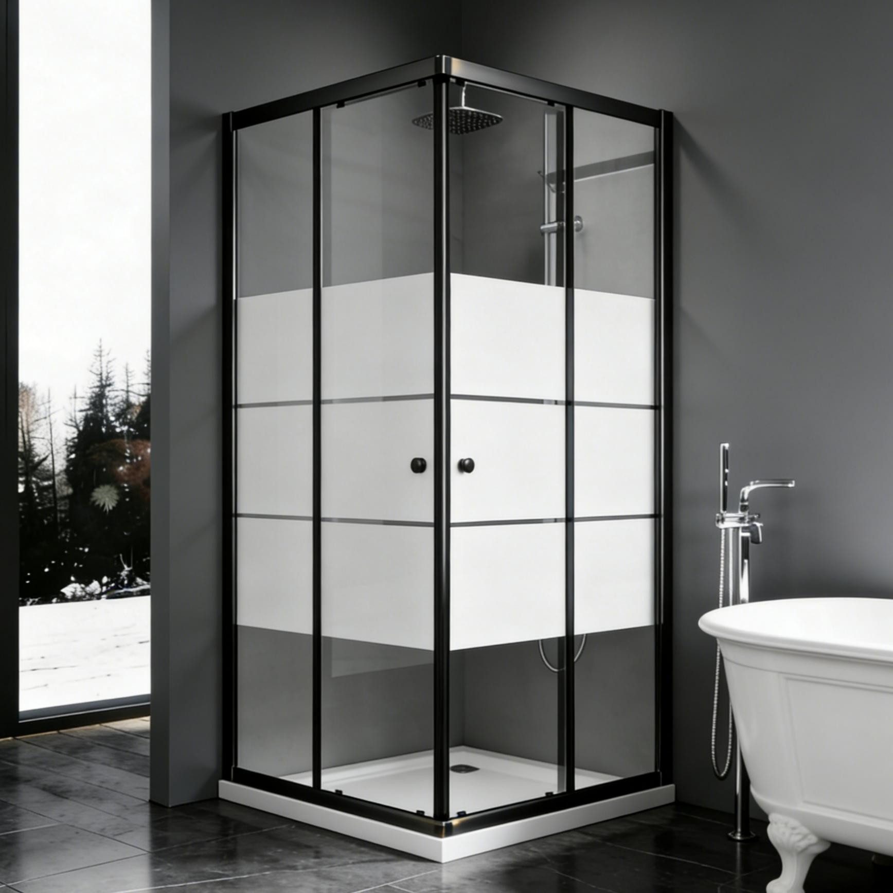 Boromal Eckdusche Duschkabine Duschabtrennung Schiebetür Schwarz Milchglas H:185cm, BxT: 75x75 cm, 5mm Sicherheitsglas, Eckeinstieg Duschwand für Dusche, Alu-Rahmen, Schnellfreigabefunktion,Spritzwasserschutz