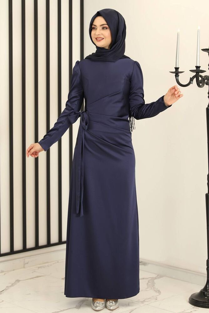 Modavitrini Satinkleid Damen Hijab Abendkleid langärmliges Maxikleid Abiye Abaya mit Schleife Navy Blau