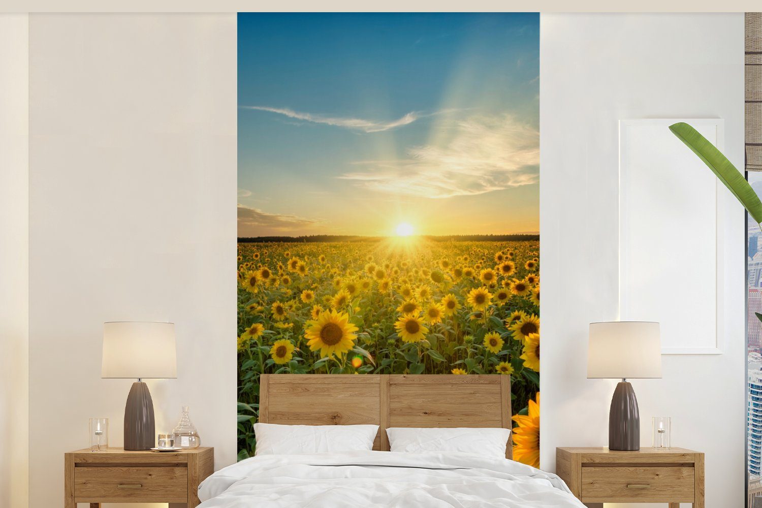 MuchoWow Fototapete Sonnenuntergang - Blumen - Sonnenblume - Horizont - Landschaft, Matt, bedruckt, (2 St), Vliestapete für Wohnzimmer Schlafzimmer Küche, Fototapete