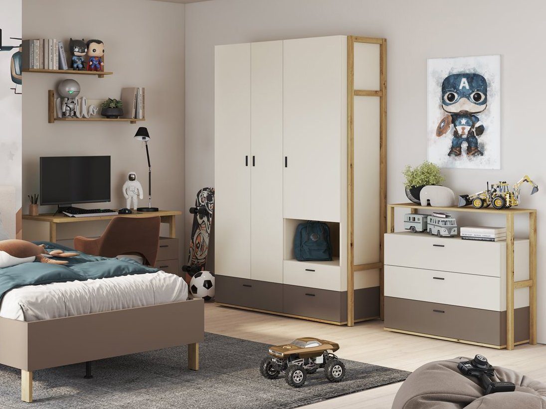 Compleo Kinderkleiderschrank LAGOS 3-türig Schrank, mit 3x Schubladen, Geräumiger Kleiderschrank 125x210x51cm