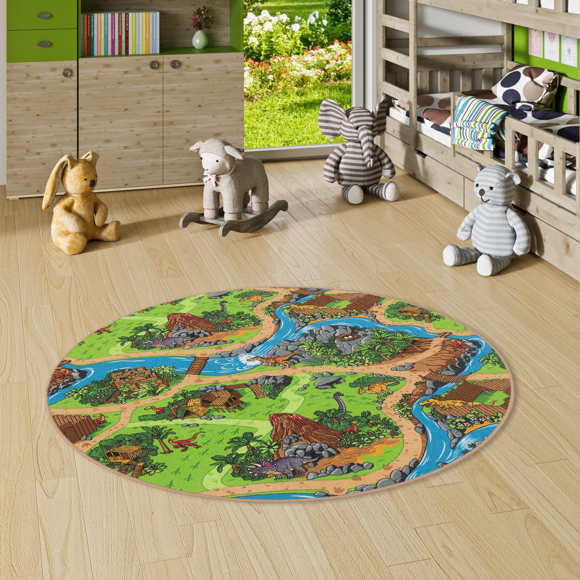 Snapstyle Kinderteppich Kinder Spiel Straßen Teppich Dino Welt Rund, Rund, günstig online kaufen