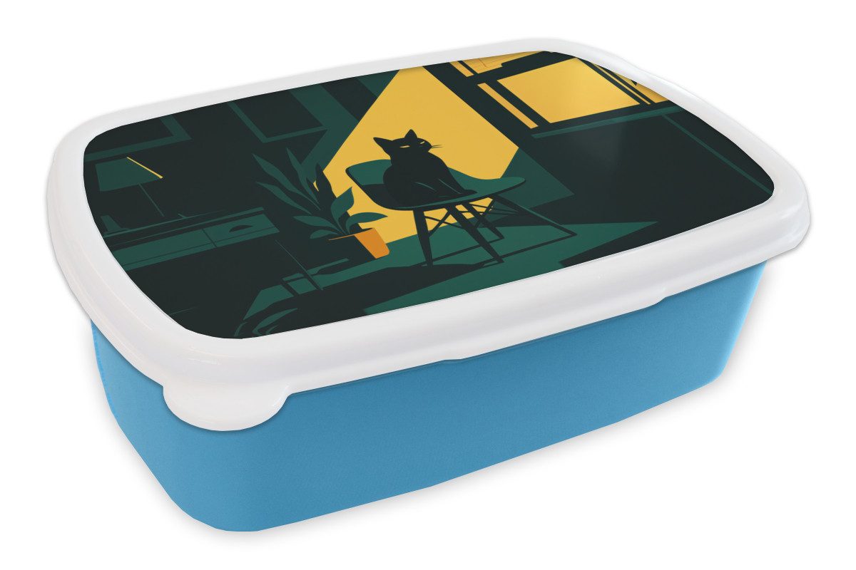 MuchoWow Lunchbox Schwarze Katze - Geheimnisvoll - Gelbe Tranche, Kunststoff, (2-tlg), Brotdose, Lunchbox, Brotbox für Kinder und Erwachsene