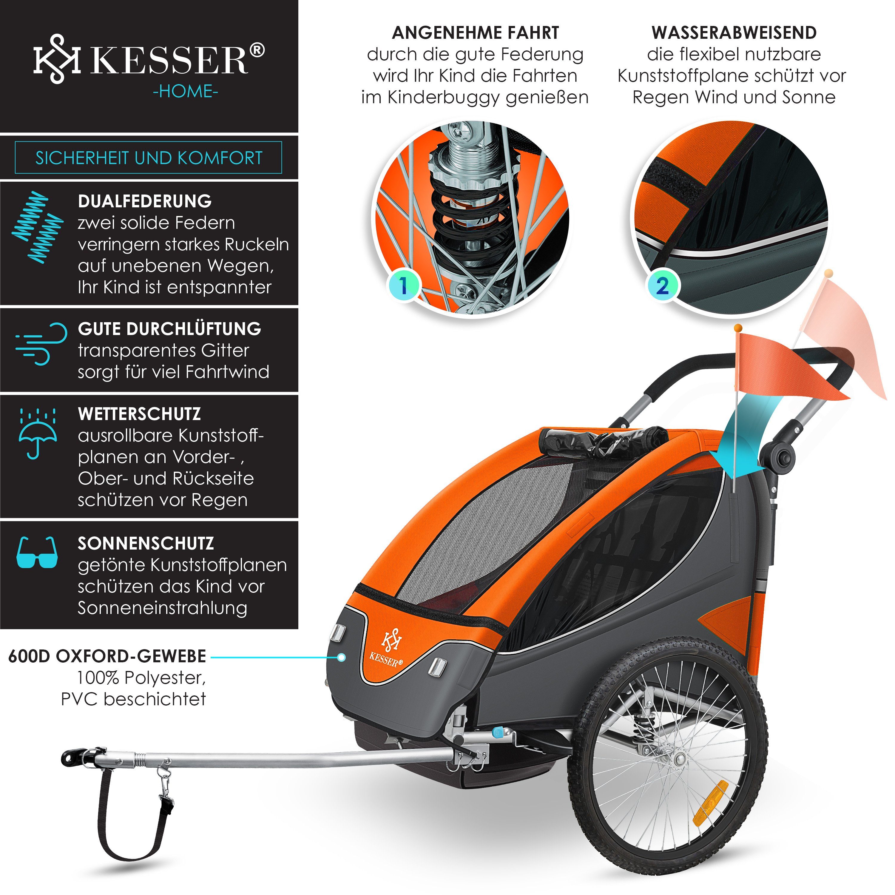 KESSER Fahrradkinderanhänger, Kinderanhänger Fahrradanhänger 360° Drehbar mit Feder