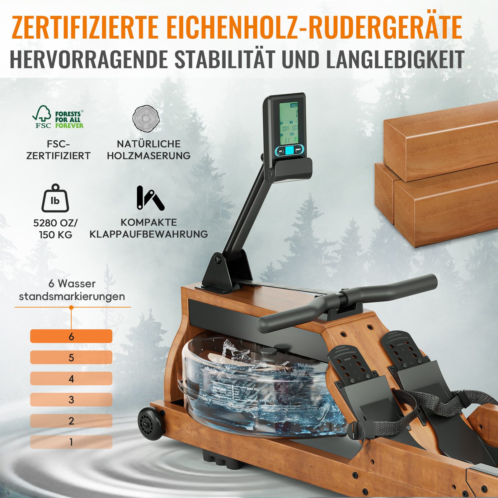 Advamsoler Rudergerät Hochwertiges Faltbares Wasserrudergerät aus Massivholz für Zuhause (1-tlg), Mit Professionellem Bluetooth-Monitor & Tablet-Halter