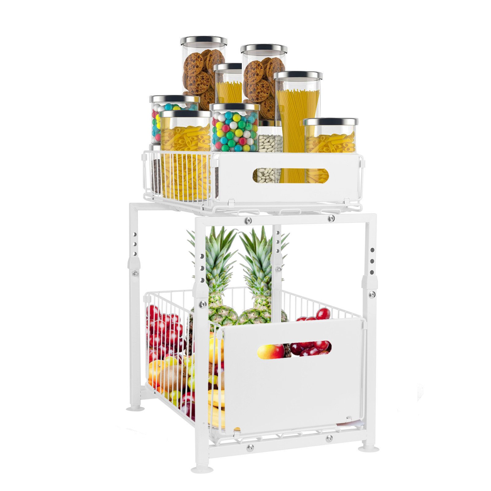 JEOBEST Küchenregal Küchen-Organizer, Gewürzregal, Metall Spülschrank Organizer, 2 Etagen, Höhenverstellbar, Herausziehen Regal Veranstalter