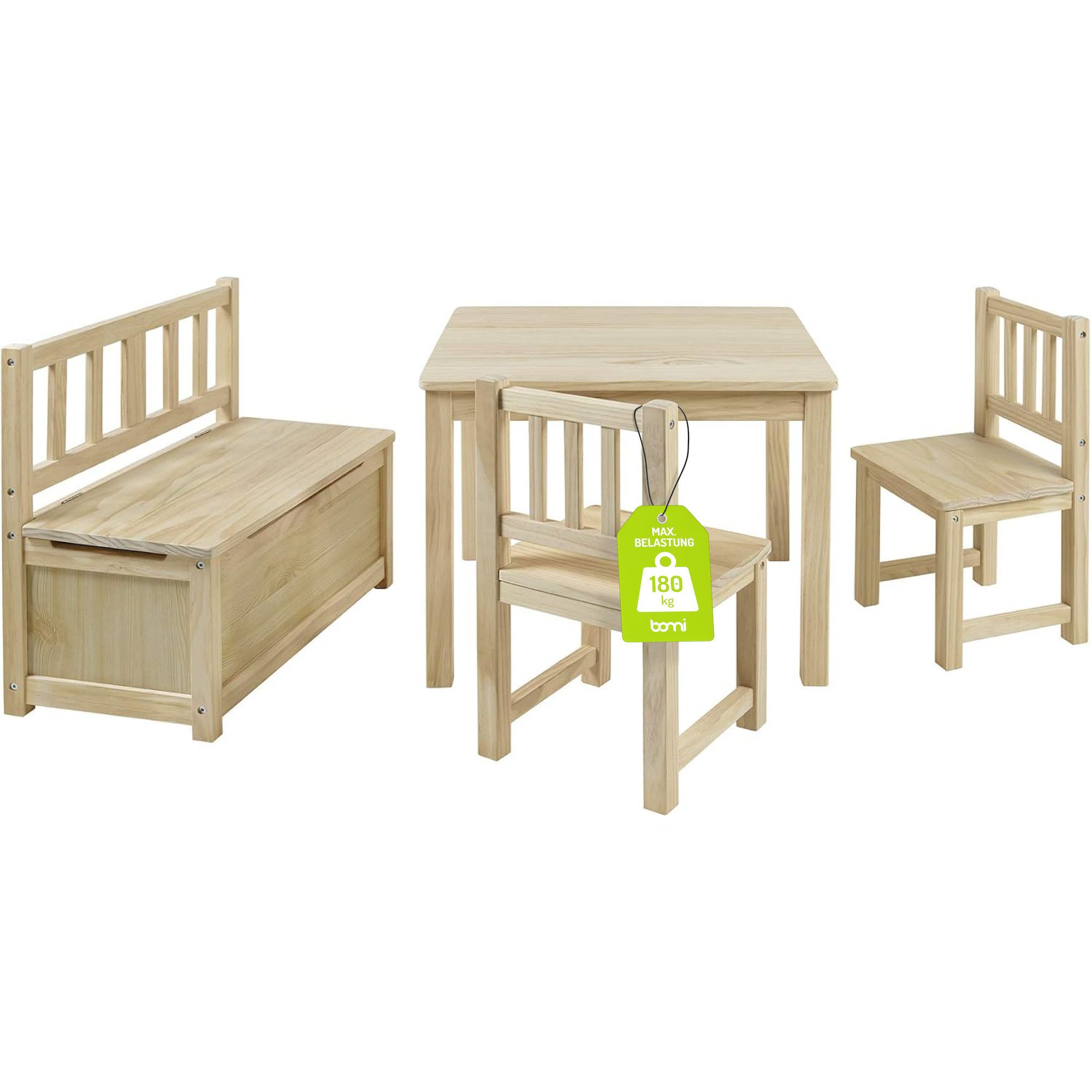 BOMI Kindersitzgruppe Holzsitzgruppe Anna, (Set, 4-tlg., 1x Tisch, 1x Truhe günstig online kaufen