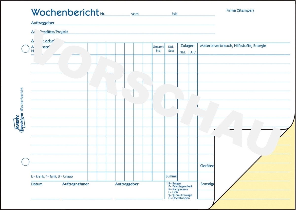 Formularblock Formularbuch Wochenbericht A5 quer selbstdurchschreibend 2x40 Blatt.