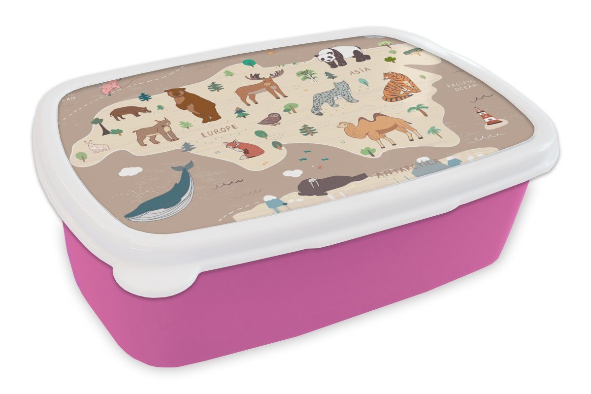 MuchoWow Lunchbox Weltkarte - Braun - Tiere - Jungen - Mädchen, Kunststoff, (2-tlg), Brotbox für Erwachsene, Brotdose Kinder, Snackbox, Mädchen, Kunststoff rosa | Lunchboxen