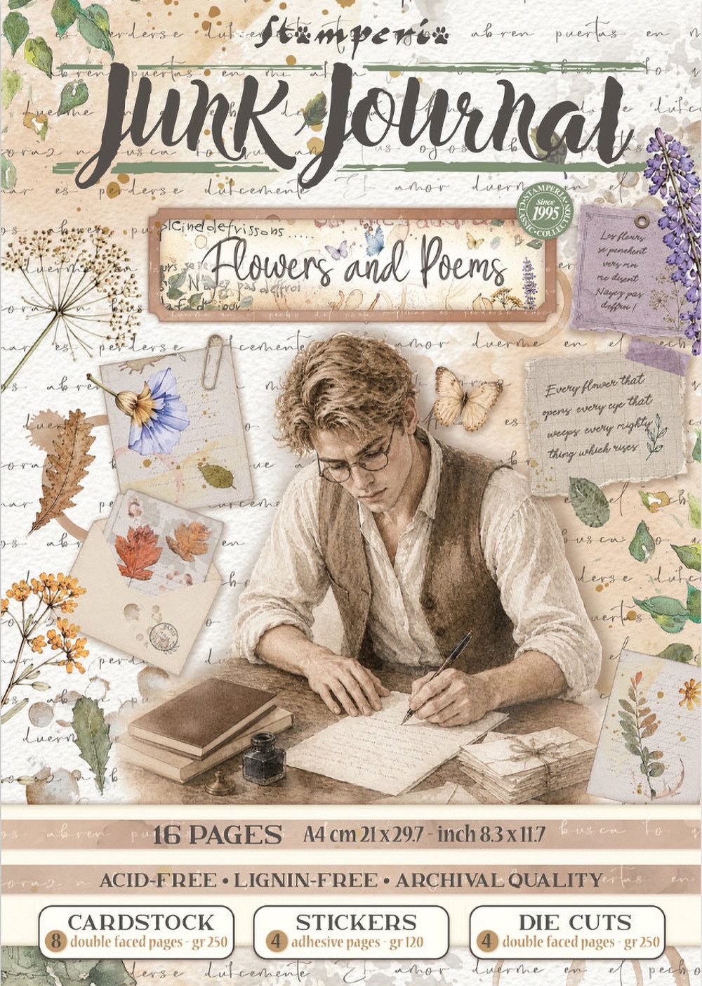Stamperia Motivpapier Junk Journal Book Flowers and Poems, 16 Blatt