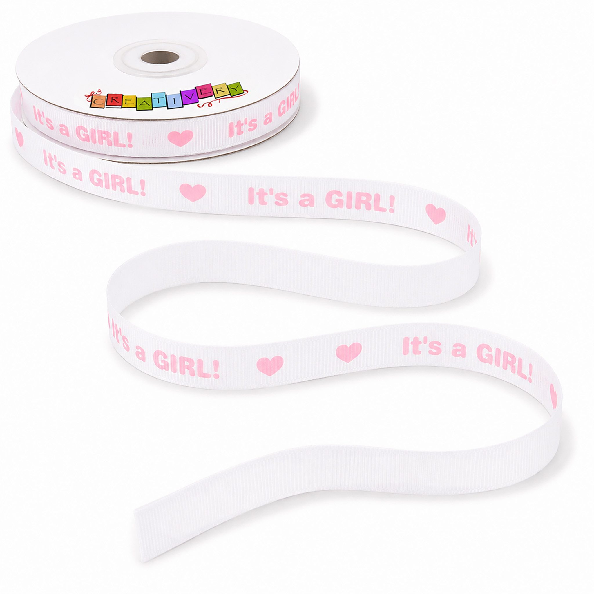 Creativery Geschenkband, Geschenkband Baby / Its a Girl 12mm x 10m Rolle weiß / rosa