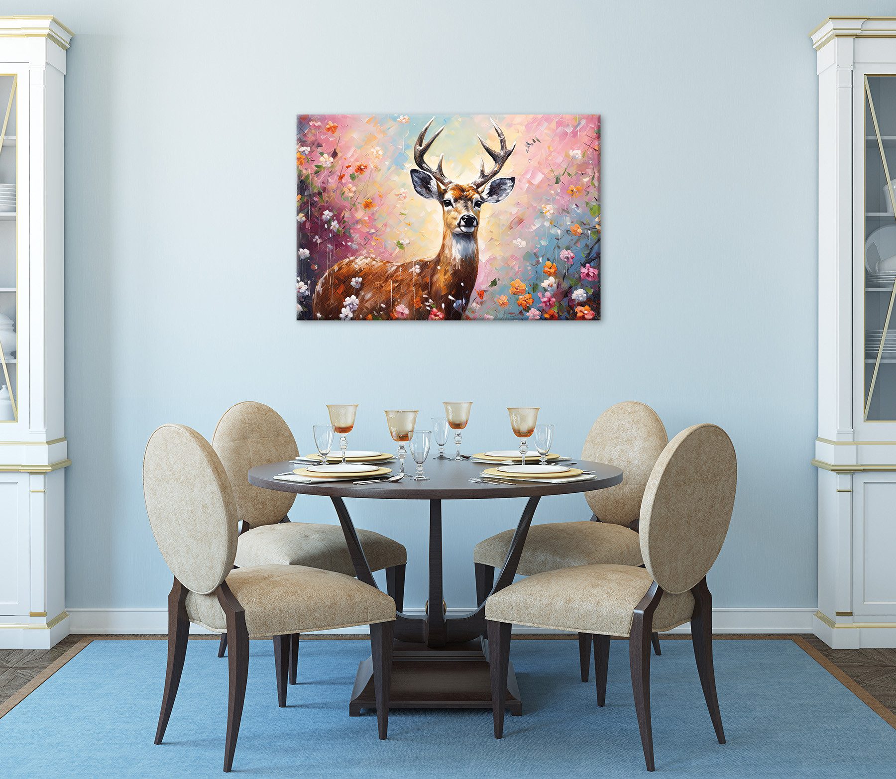 Bönninghoff Leinwandbild Wandbild HIRSCH IN BLUMEN 60x90 cm – Leinwandbild Keilrahmen Deko, Blumen, Hirsch, Wildtiere (1 St), auf Keilrahmen gespannt – Bild 4 von 5