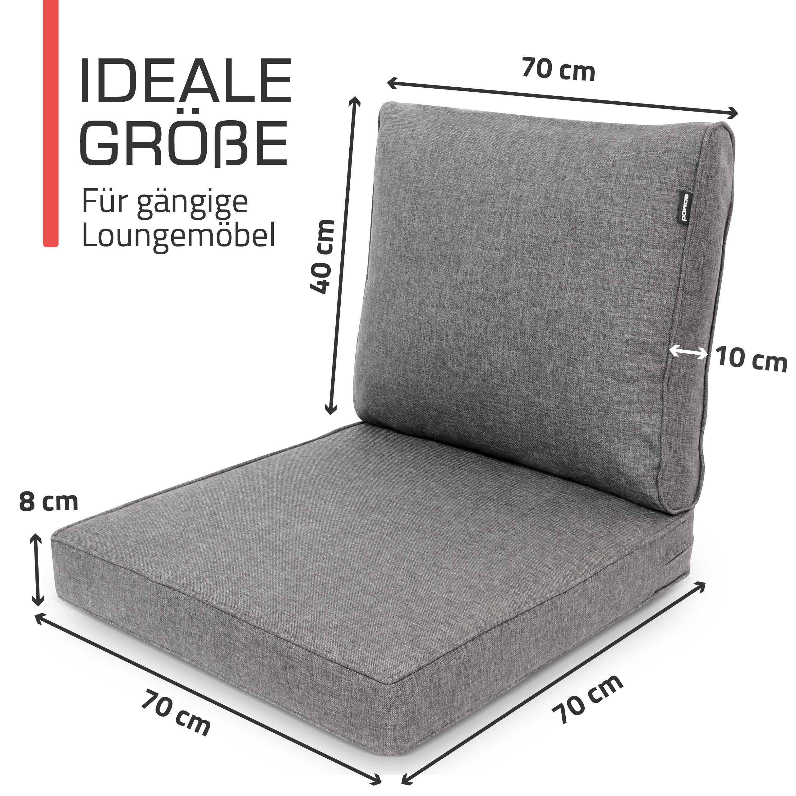 bomoe Sitzkissen Outdoor Loungekissen Set Ilano, 70x70cm, 70x40cm Hellgrau, Sitzkissen 8cm dick Polster Bezug Waschbar Gartenkissen UV-Schutz