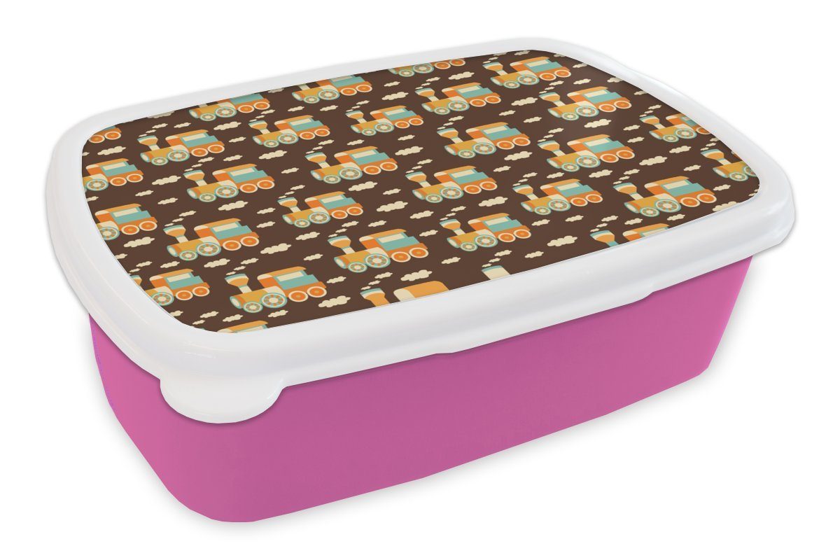 MuchoWow Lunchbox Muster - Zug - Vintage - Kind - Kinder - Kinder, Kunststoff, (2-tlg), Brotbox für Erwachsene, Brotdose Kinder, Snackbox, Mädchen, Kunststoff rosa
