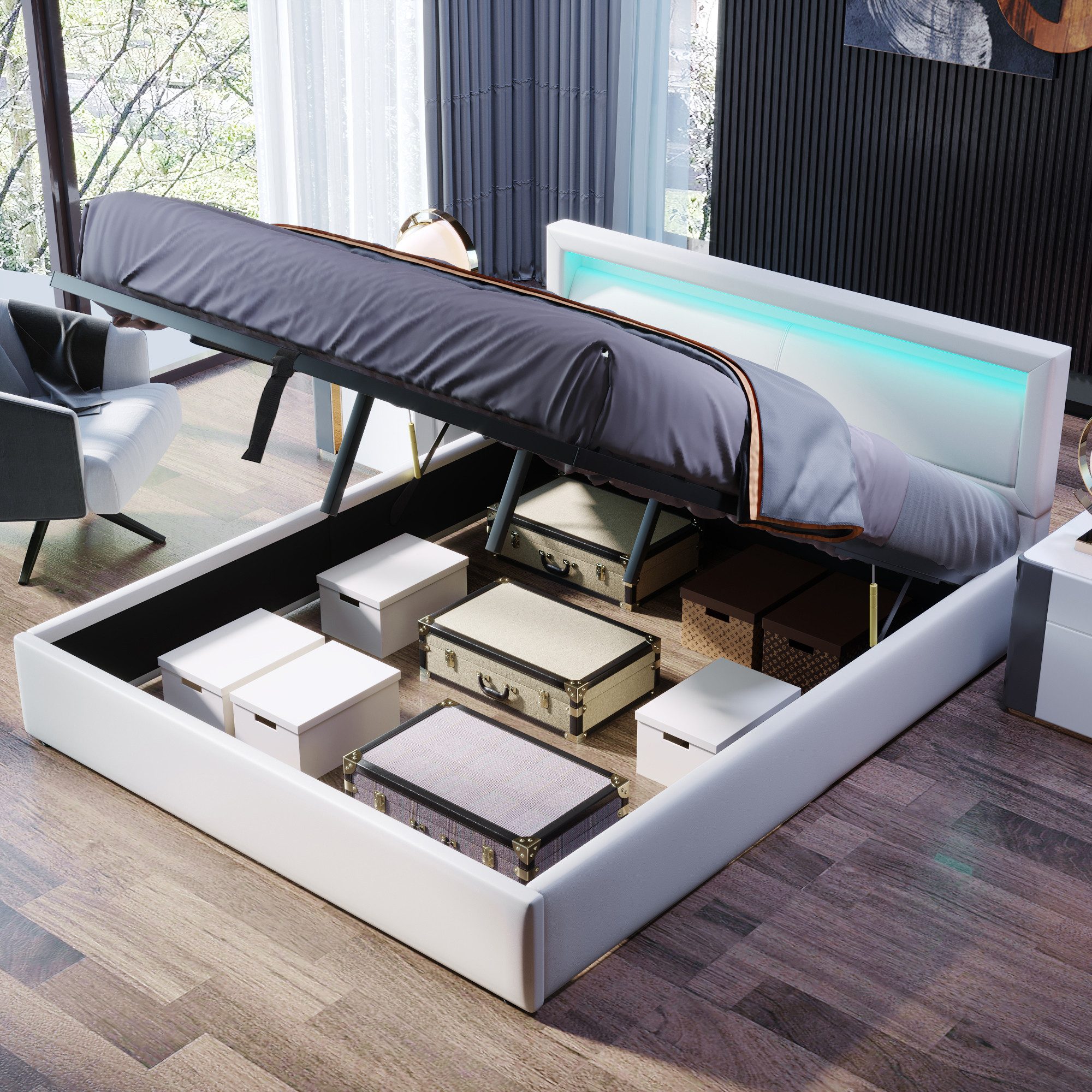 SOFTWEARY Polsterbett mit Lattenrost und LED-Beleuchtung günstig online kaufen