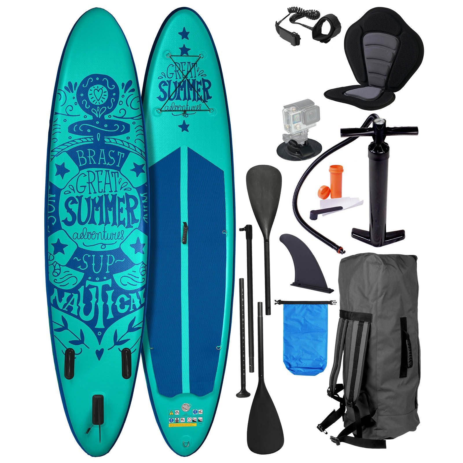 BRAST SUP-Board Summer Aufblasbares Stand up Paddle Set - 320x81x15cm, 5 Jahre Garantie inkl. Sonderzubehör, (2in1 Paddel Kajak-Sitz Action-Cam-Halterung), Fußschlaufe Paddel Pumpe Rucksack
