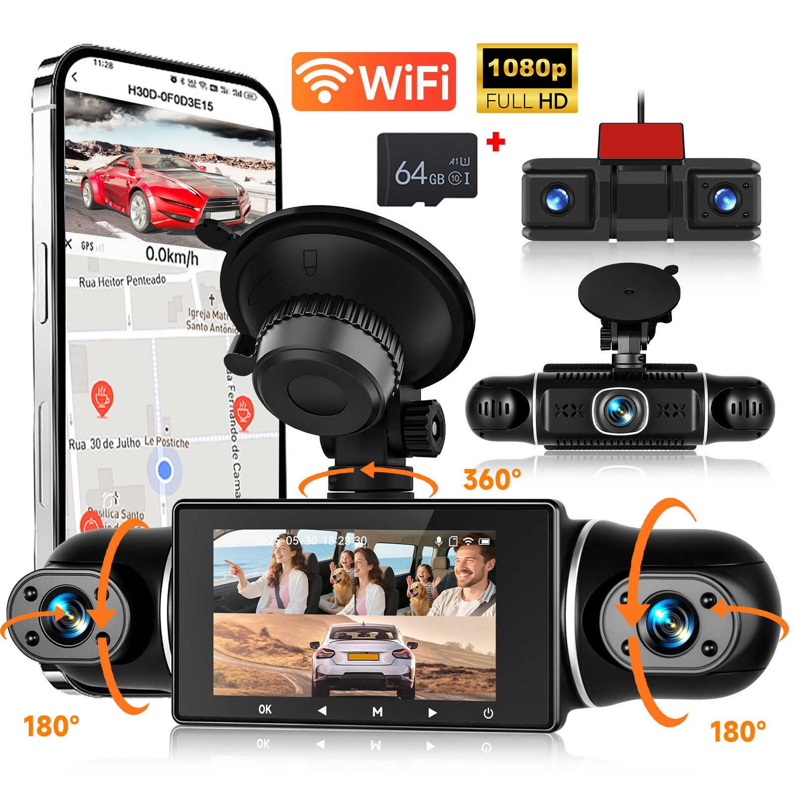 Hikity Dashcam Auto, 3-Zoll 1080P mit 5 Channel, WiFi & G-Sensor Auto kamera Dashcam (Loop-Aufnahme, Nachtsichtfunktion)