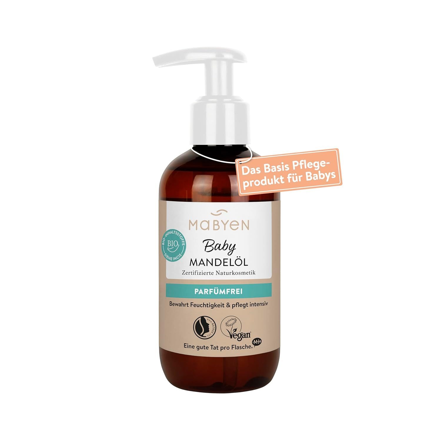 MABYEN Körperöl MABYEN Bio Baby Öl Mandel 200ml, Vegan, Parfümfrei, Naturkosmetik, 1-tlg., NATRUE-zertifiziert, parfümfrei, getestet & von Hebammen empfohlen