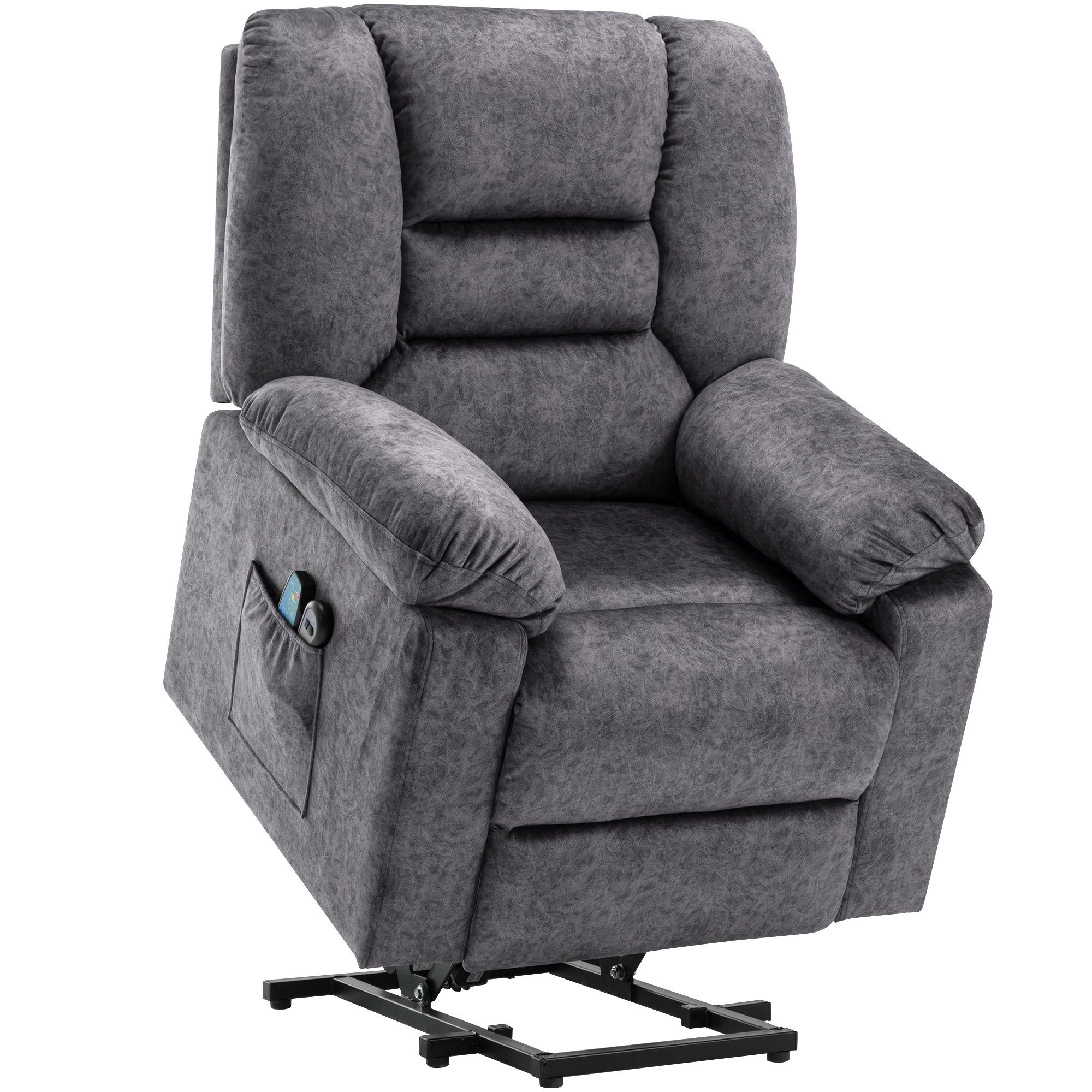 TV-Sessel (Fernsehsessel mit Aufstehhilfe, Schlafsessel, Relaxsessel, Massagesessel, Liegefunktion, Wärmefunktion und Vibrationsmassage), bis zu 150 kg belastbar, Stoff, Braun / Grau