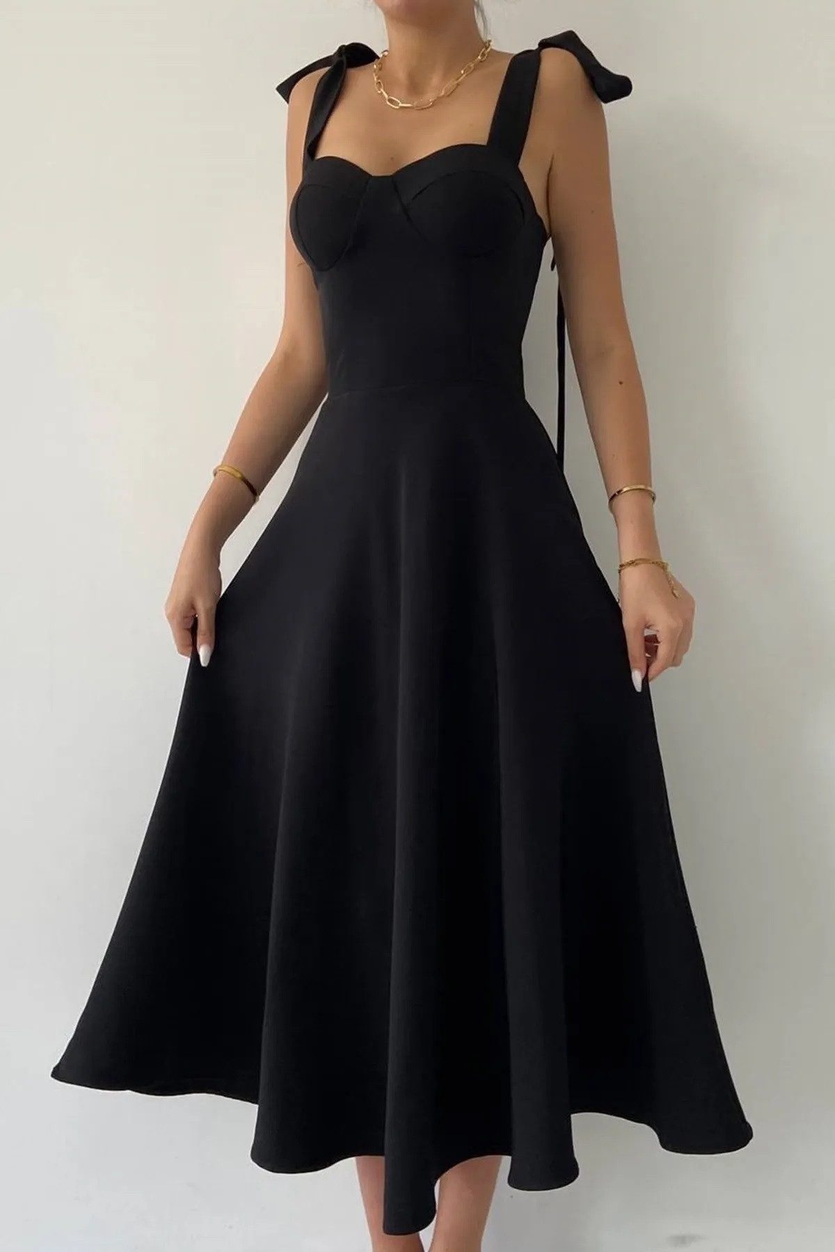 WOMAN VISION Minikleid Midi-langes ausgestelltes Kleid mit Schnürung und Trägern