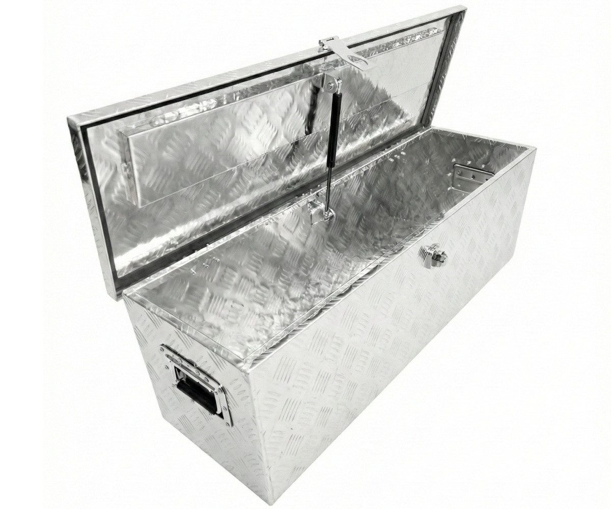 Systafex® Anhänger-Deichselbox Aluminium Deichselbox 98,5cm abschließbar mit Schloss und Griffe, Gummierte Griffe, Edelstahl Scharniere