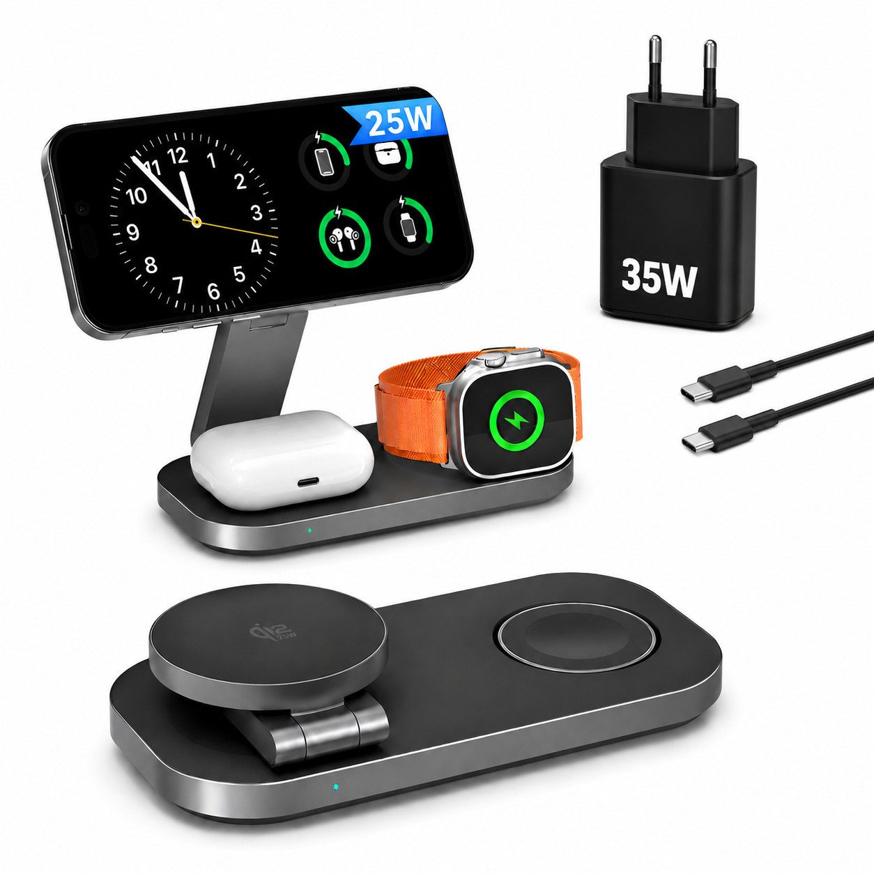 ibettertec 25w Apple Watch iPhone 3in1 MagSafe Wireless Charger Wireless Charger Induktions-Ladegerät (Schnelles Kabelloses Ladegerät, Verfügbar für iPhone 17/16/15/14/13/12 Serie, Apple Watch, AirPods, 3 in1 PowerBase + USB-C Kabel + 35w Ladegerät)