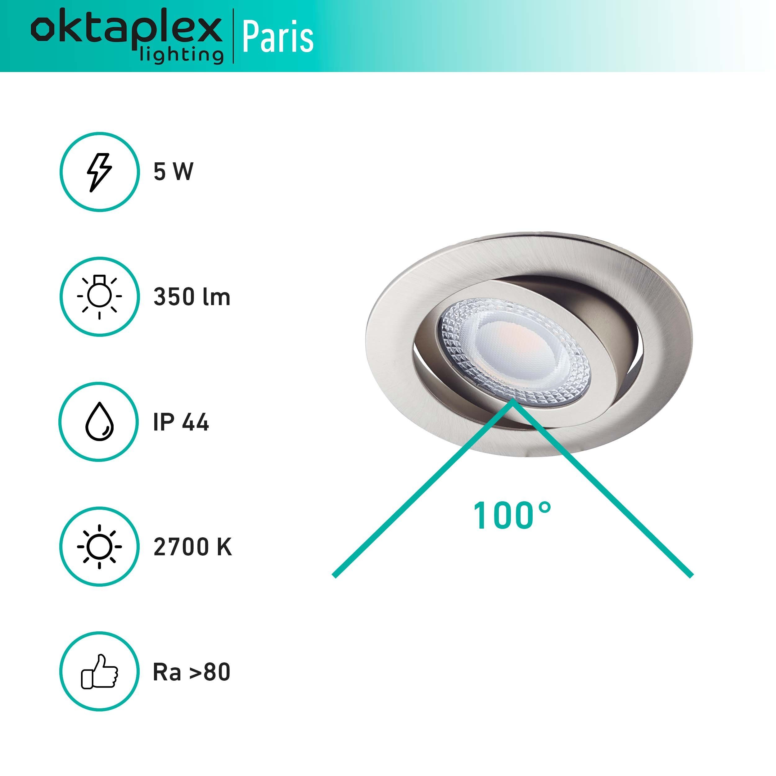 Oktaplex lighting LED Deckenleuchte Oktaplex PARIS Einbaustrahler 3 Stufen Dimmer, 3-Step dimmbar, LED fest verbaut, Warmweiß Nickel