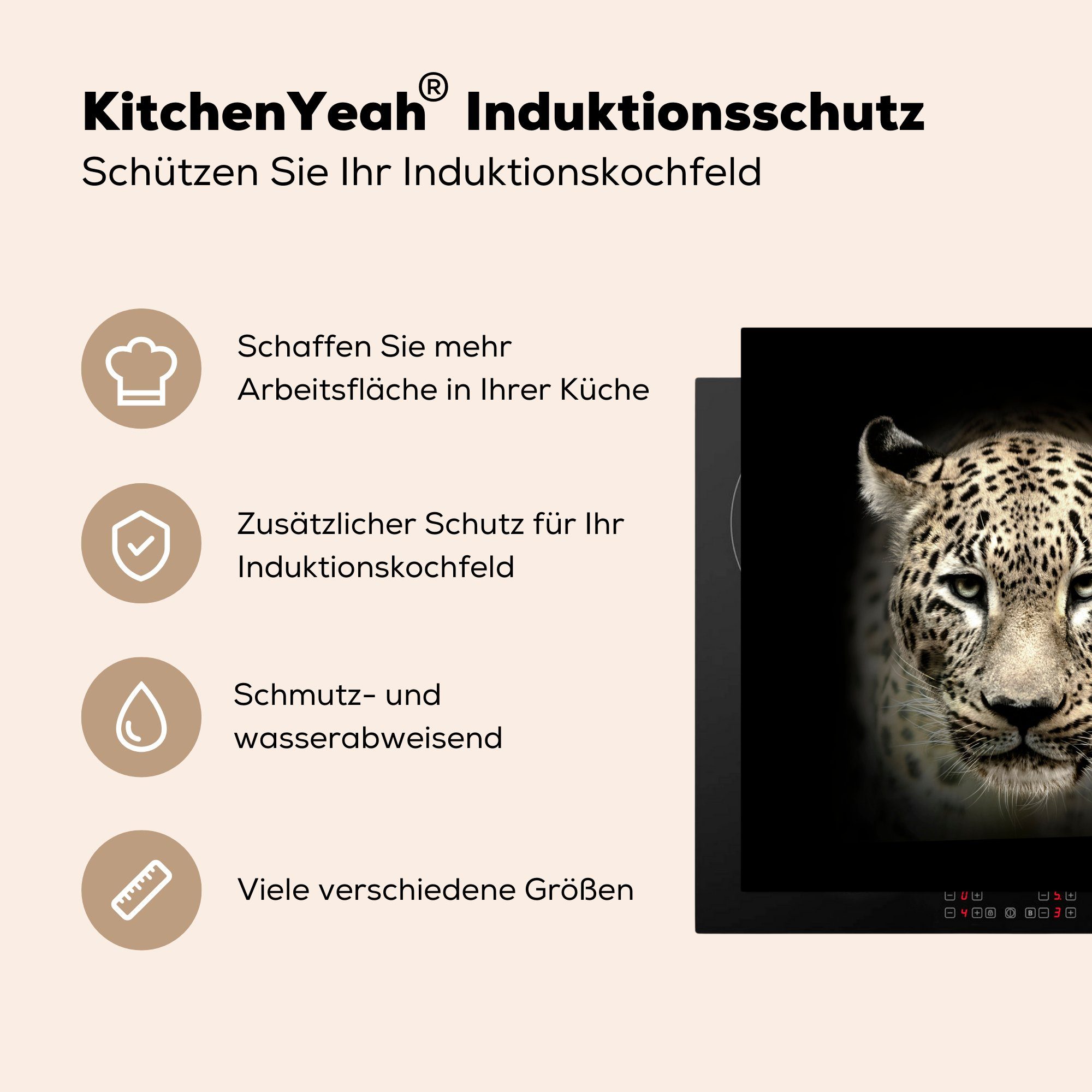 Vinyl, 78x78 Herdblende-/Abdeckplatte cm, - für MuchoWow tlg), Ceranfeldabdeckung, (1 Schwarz - Tiere, Arbeitsplatte küche Leopard