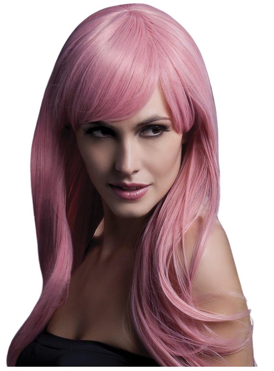 Smiffys Kostüm-Perücke Langer Federschnitt mit Pony rosa - für Fasching, Hochwertige Kunsthaar-Perücken aus der Fever Wig Collection