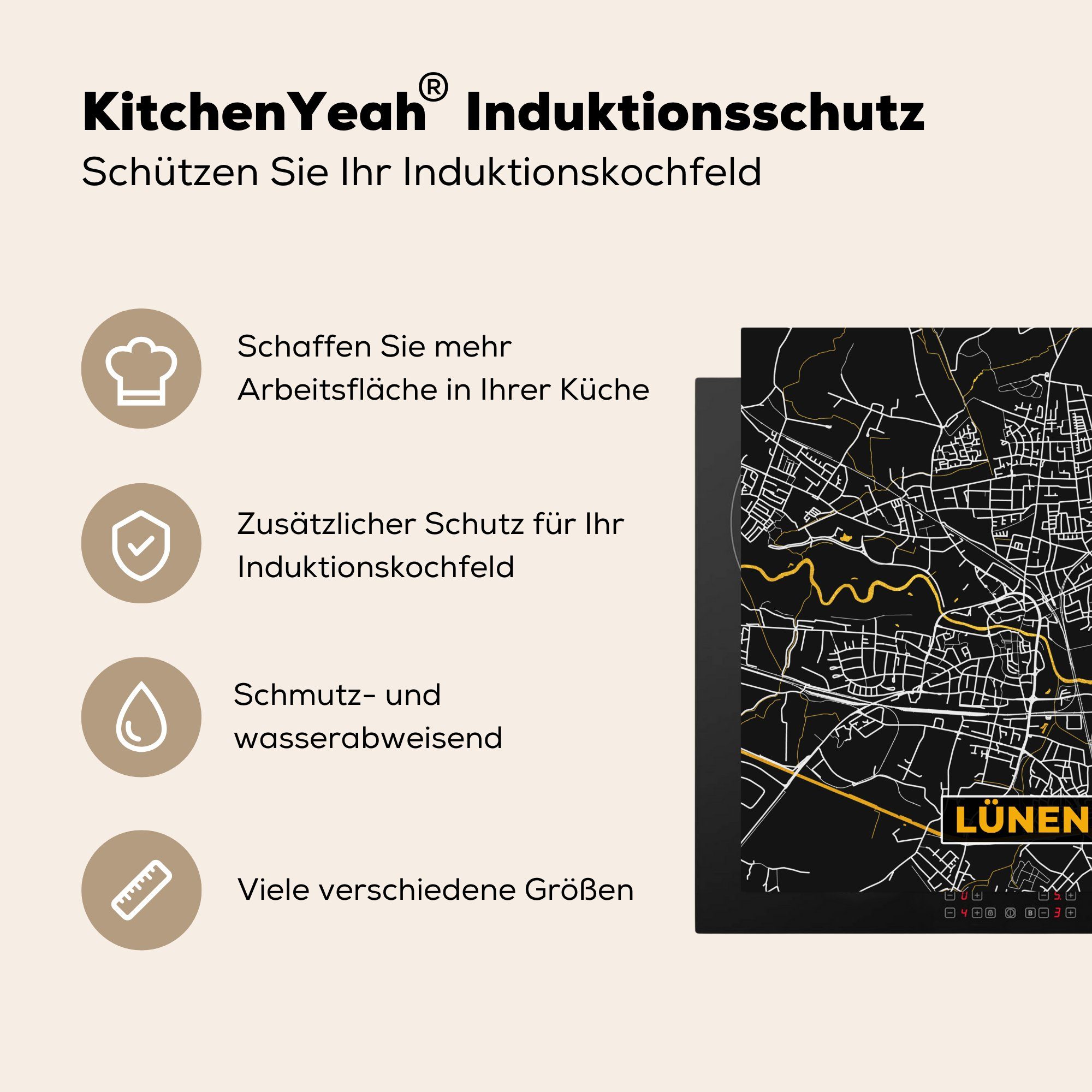 MuchoWow Herdblende-/Abdeckplatte Karte (1 Gold 78x78 küche tlg), Vinyl, Ceranfeldabdeckung, Lünen für Arbeitsplatte - - cm, - Deutschland, Stadtplan 