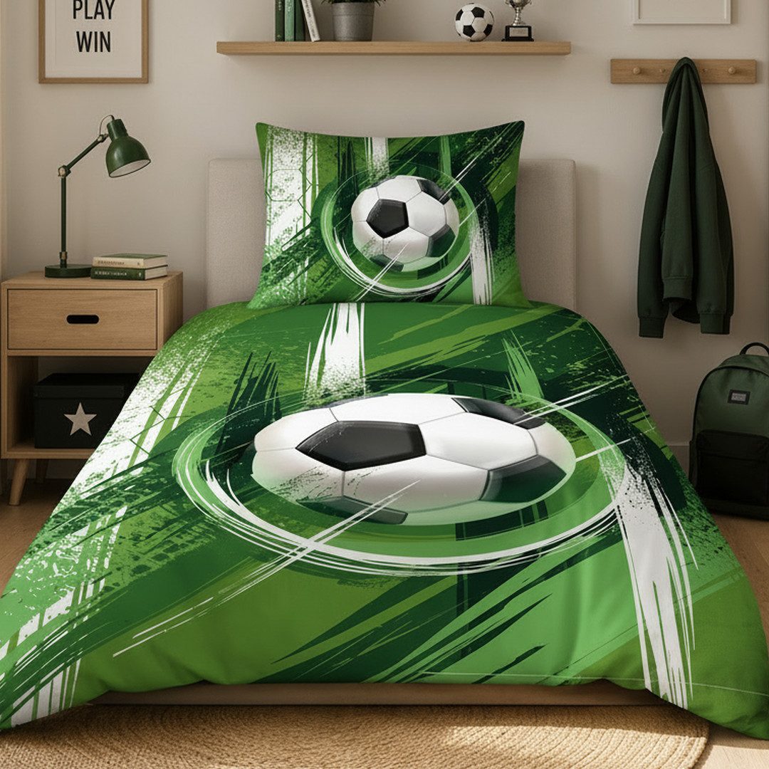 MTOnlinehandel Bettwäsche Fußball in 135x200 + 80x80 cm • Geschenkidee für Kinder, Mikrofaser, 2 teilig, Wende-Motiv • Fußball