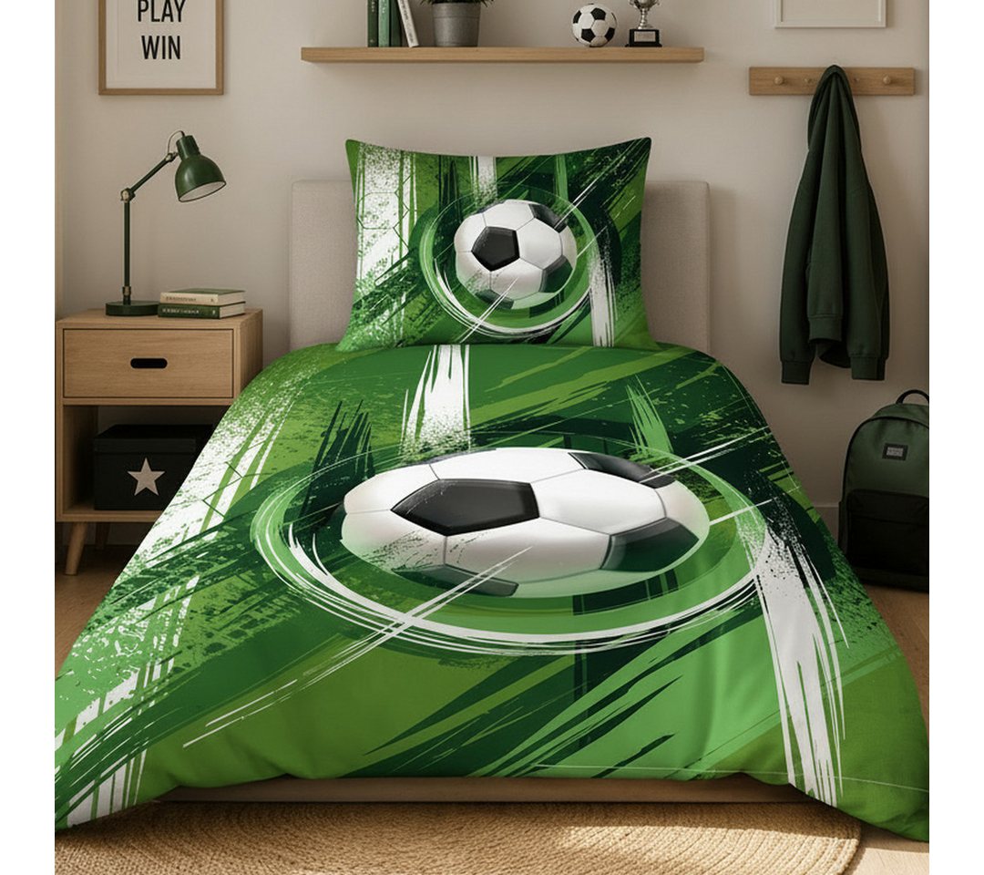 MTOnlinehandel Bettwäsche Fußball in 135x200 + 80x80 cm • Geschenkidee für Kinder, Mikrofaser, 2 teilig, Wende-Motiv • Fußball