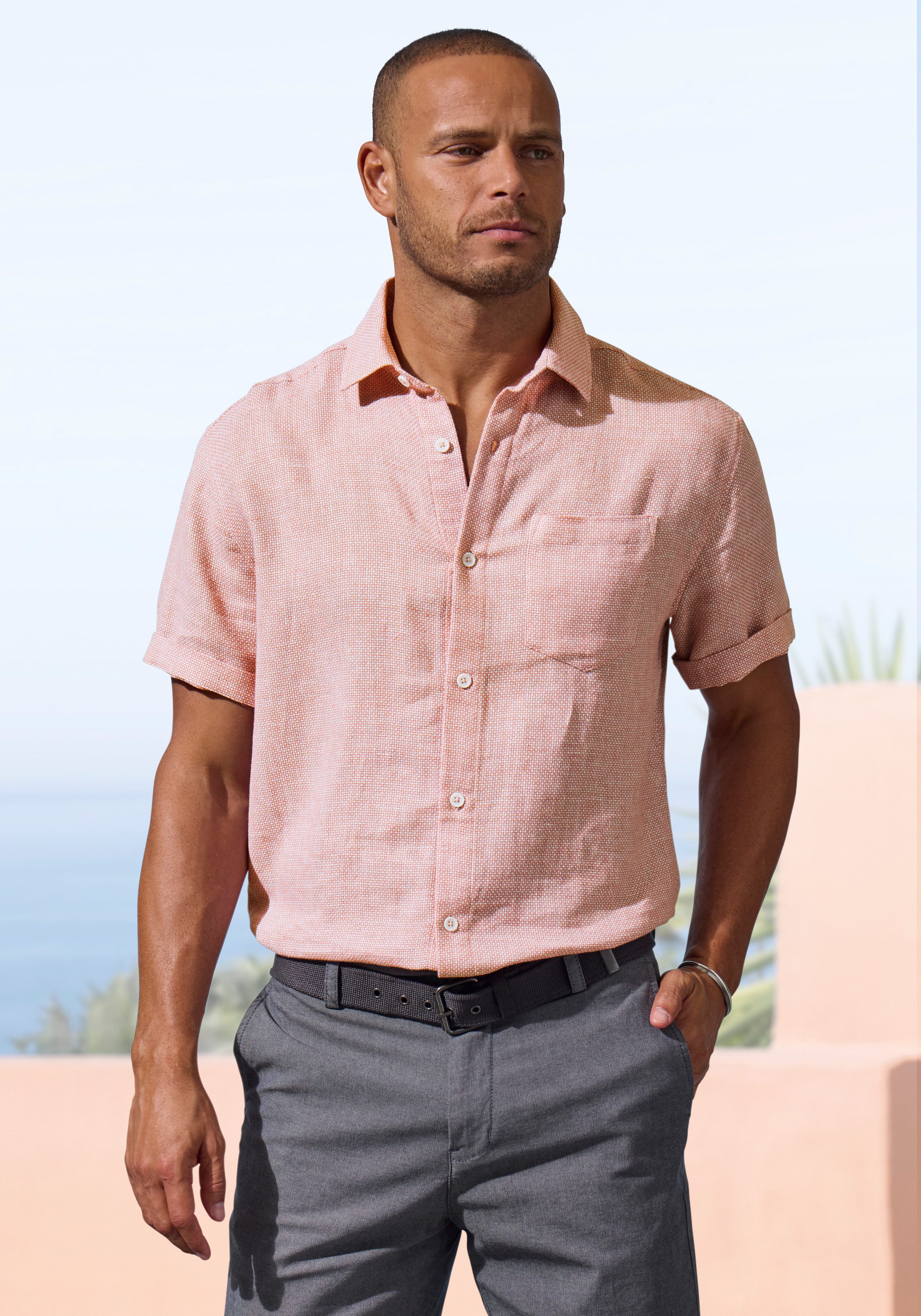 John Devin Leinenhemd, Kurzarmhemd Luftiges Freizeithemd mit dezentem Muster